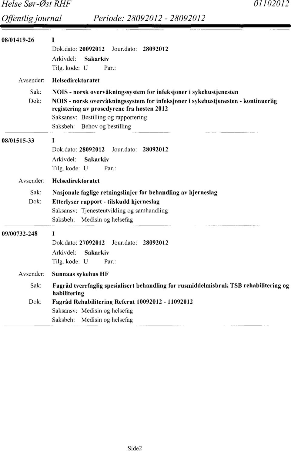 registering av prosedyrene fra høsten 2012 Bestilling og rapportering Behov og bestilling 08/01515-33 Helsedirektoratet Sak: Nasjonale faglige retningslinjer for behandling av hjerneslag Dok: