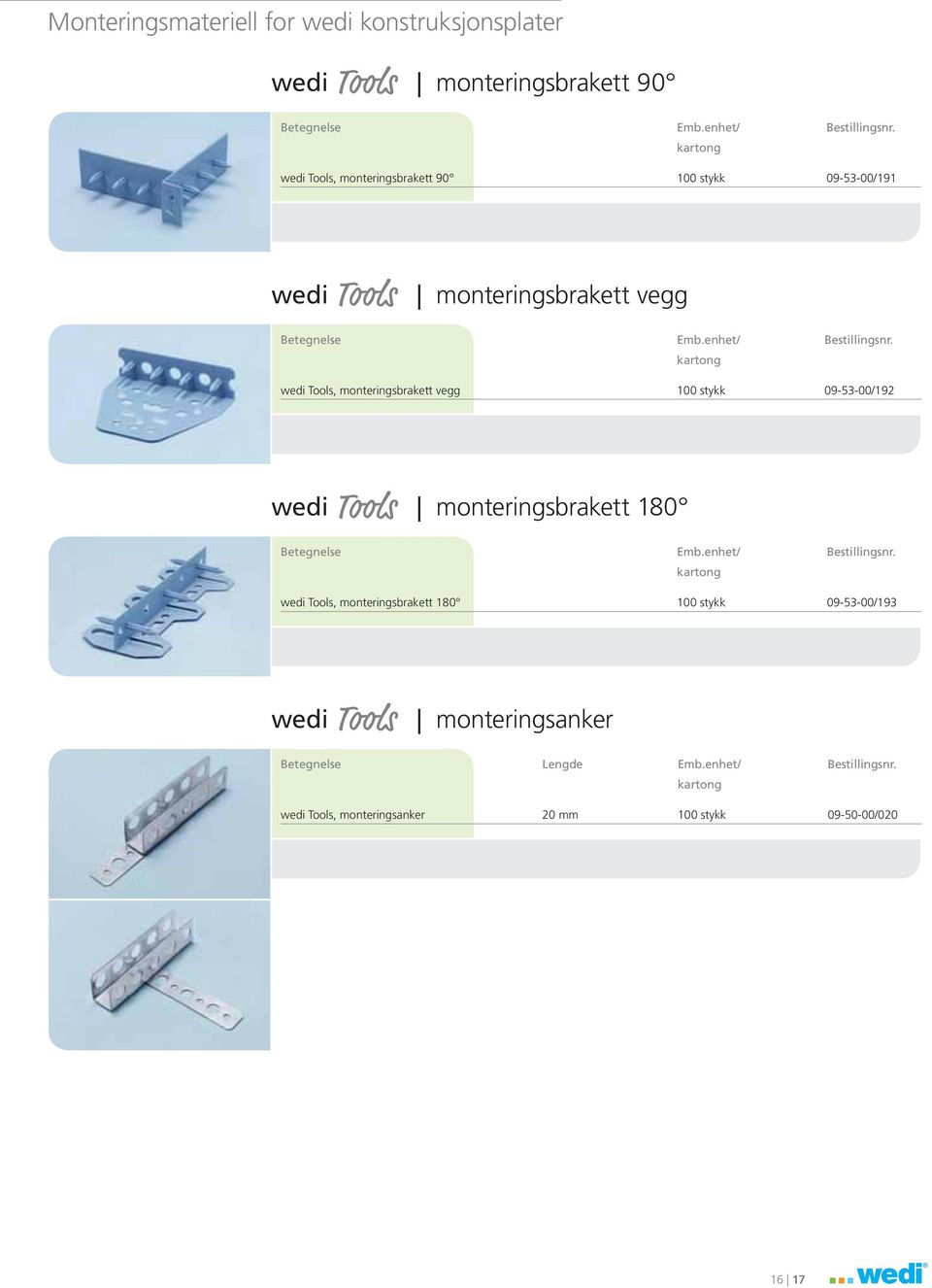 wedi Tools, monteringsbrakett vegg 100 stykk 09-53-00/192 wedi monteringsbrakett 180 Betegnelse Emb.enhet/ kartong Bestillingsnr.