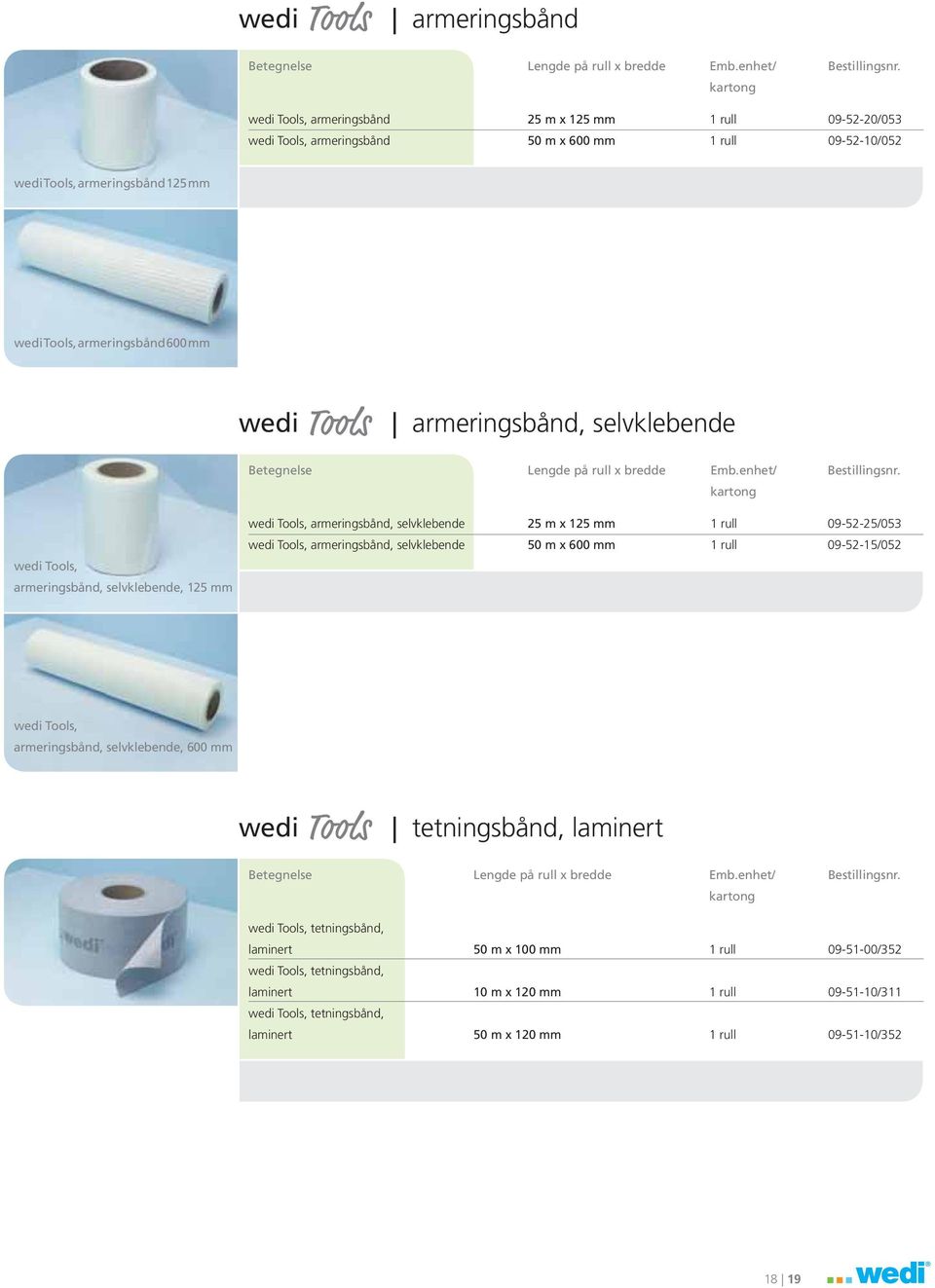 armeringsbånd, selvklebende Betegnelse Lengde på rull x bredde Emb.enhet/ kartong Bestillingsnr.