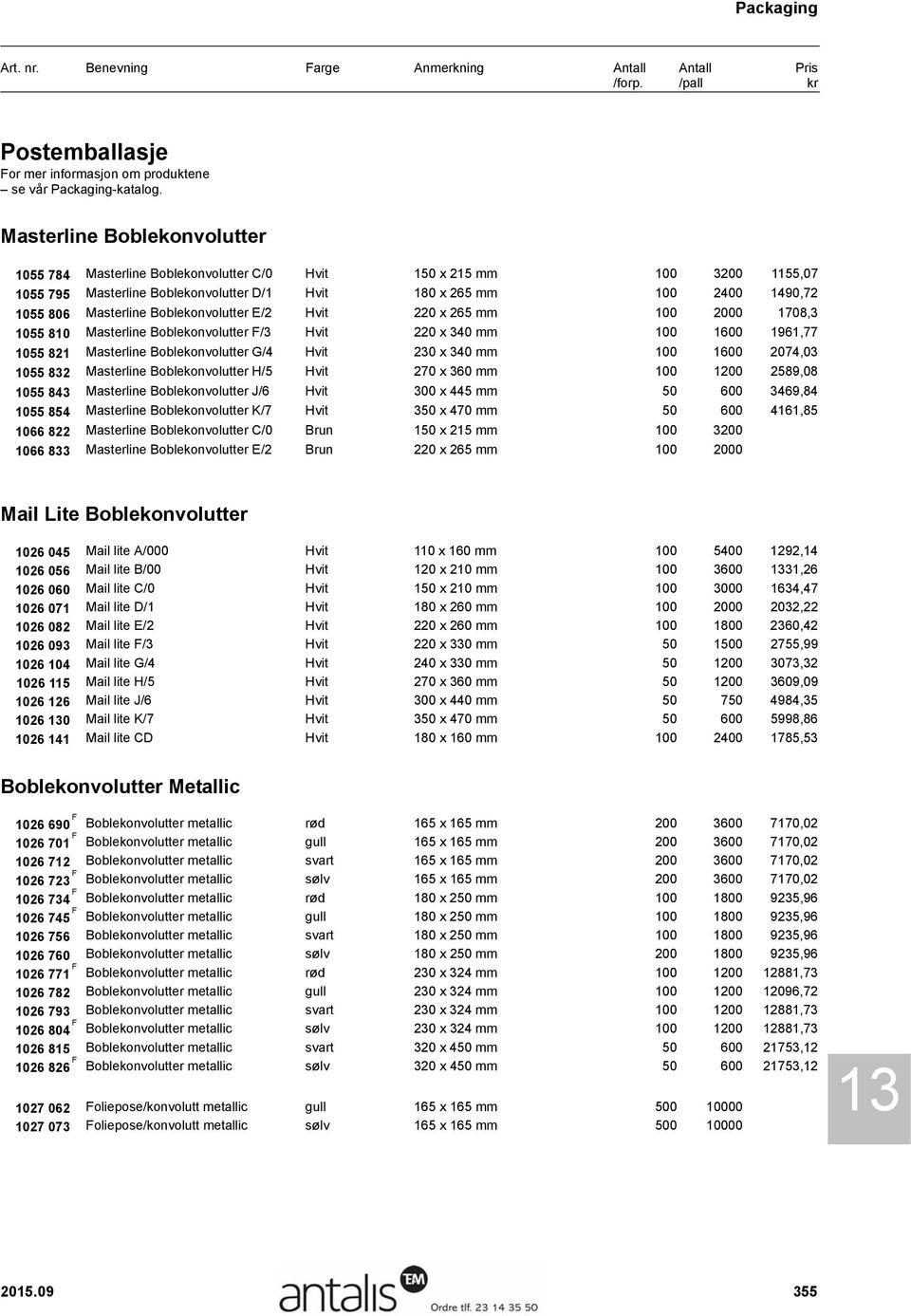 Masterline Boblekonvolutter E/2 Hvit 220 x 265 mm 100 2000 1708,3 1055 810 Masterline Boblekonvolutter F/3 Hvit 220 x 340 mm 100 1600 1961,77 1055 821 Masterline Boblekonvolutter G/4 Hvit 230 x 340