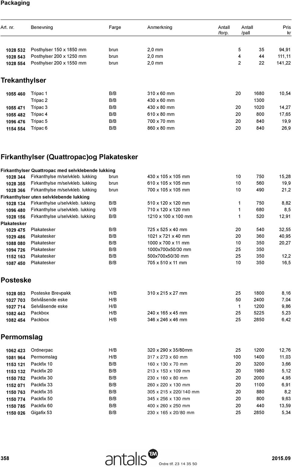 20 840 19,9 1154 554 Tripac 6 B/B 860 x 80 mm 20 840 26,9 Firkanthylser (Quattropac)og Plakatesker Firkanthylser Quattropac med selvklebende lukking 1028 344 Firkanthylse m/selvkleb.