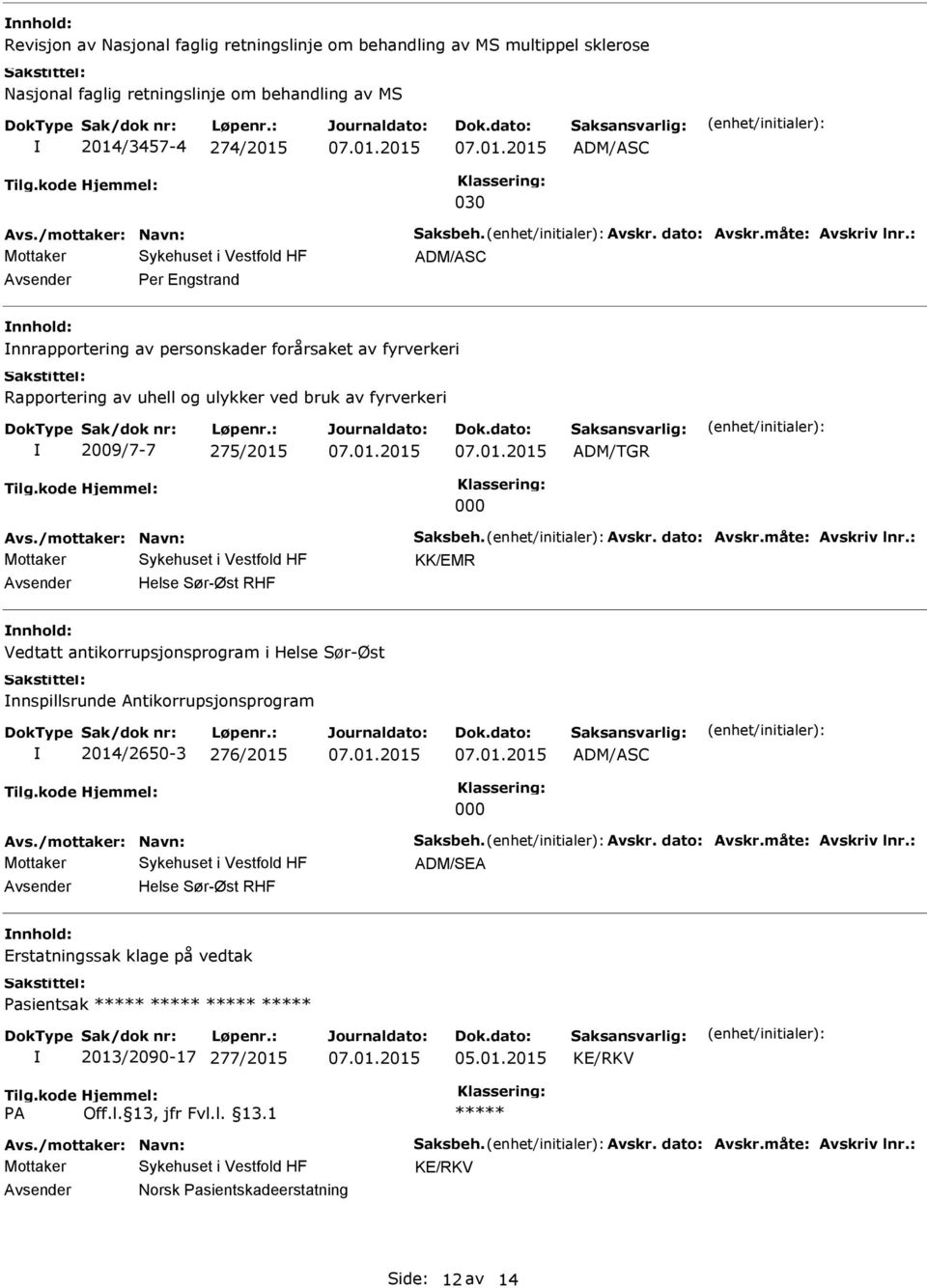 ADM/TGR 000 KK/EMR Avsender Helse Sør-Øst RHF nnhold: Vedtatt antikorrupsjonsprogram i Helse Sør-Øst nnspillsrunde Antikorrupsjonsprogram 2014/2650-3 276/2015 000