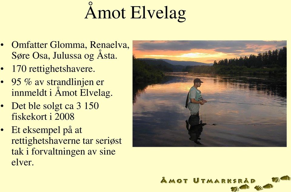 95 % av strandlinjen er innmeldt i Åmot Elvelag.
