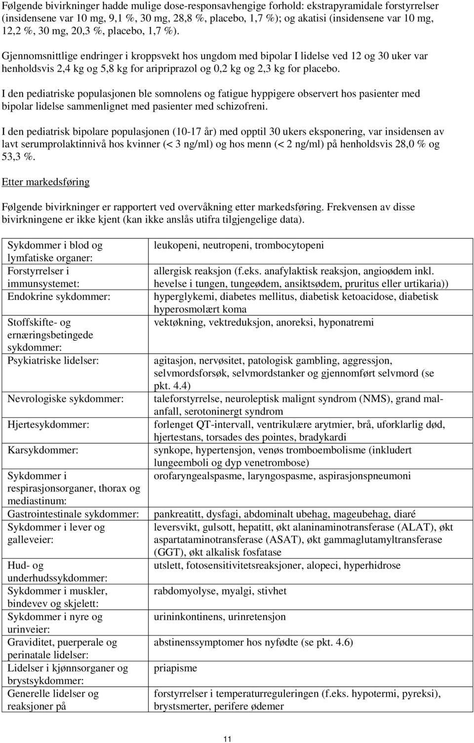 Gjennomsnittlige endringer i kroppsvekt hos ungdom med bipolar I lidelse ved 12 og 30 uker var henholdsvis 2,4 kg og 5,8 kg for aripriprazol og 0,2 kg og 2,3 kg for placebo.