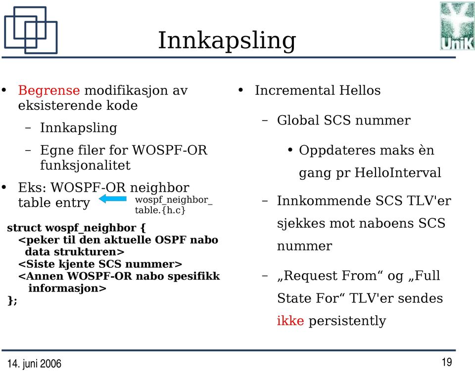 c} struct wospf_neighbor { <peker til den aktuelle OSPF nabo data strukturen> <Siste kjente SCS nummer> <Annen WOSPF-OR nabo