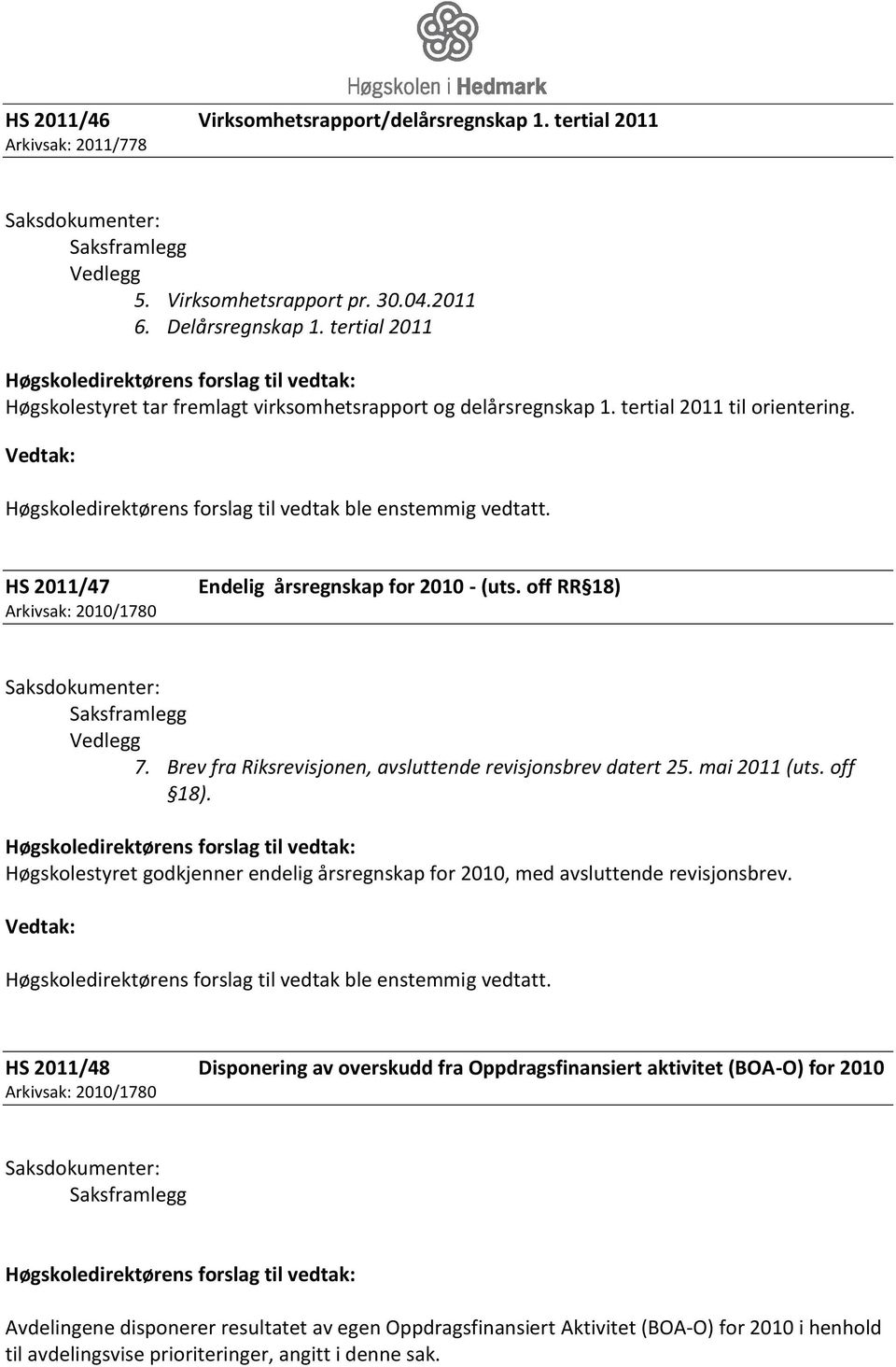 off RR 18) 7. Brev fra Riksrevisjonen, avsluttende revisjonsbrev datert 25. mai 2011 (uts. off 18). Høgskolestyret godkjenner endelig årsregnskap for 2010, med avsluttende revisjonsbrev.