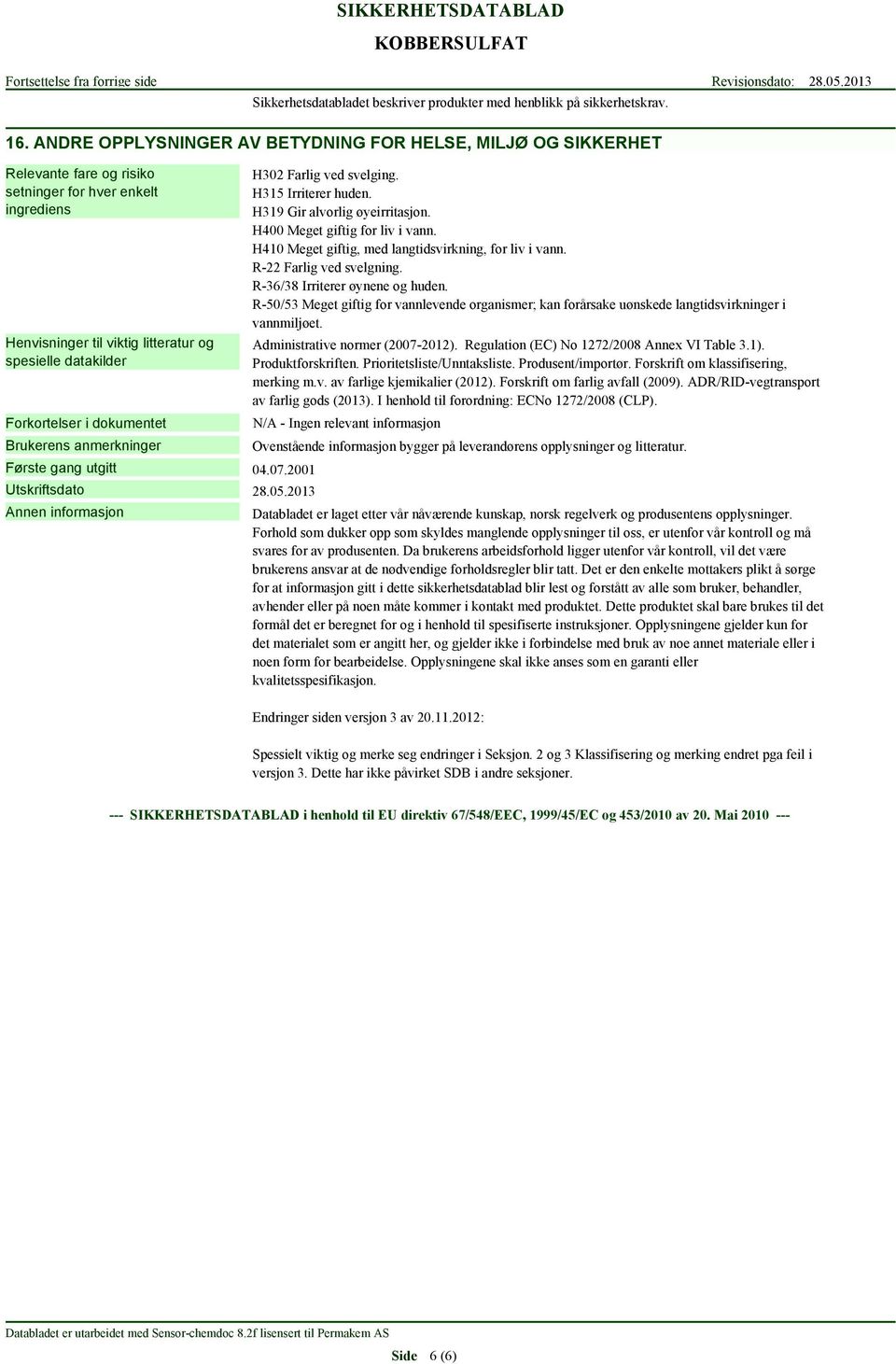 dokumentet Brukerens anmerkninger Første gang utgitt 04.07.2001 Utskriftsdato 28.05.2013 H302 Farlig ved svelging. H315 Irriterer huden. H319 Gir alvorlig øyeirritasjon.