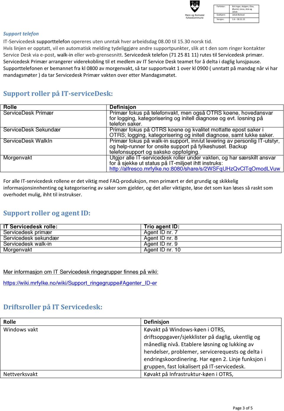 Servicedesk telefon (71 25 81 11) rutes til Servicedesk primær. Servicedesk Primær arrangerer viderekobling til et medlem av IT Service Desk teamet for å delta i daglig lunsjpause.