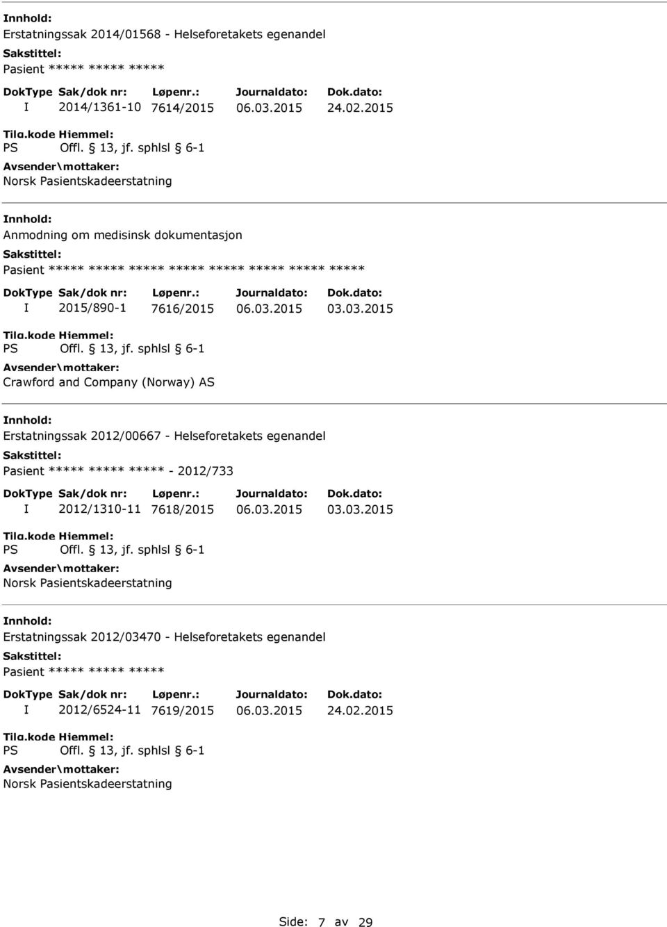 03.03.2015 Erstatningssak 2012/00667 - Helseforetakets egenandel Pasient ***** ***** ***** - 2012/733 2012/1310-11 7618/2015 Norsk