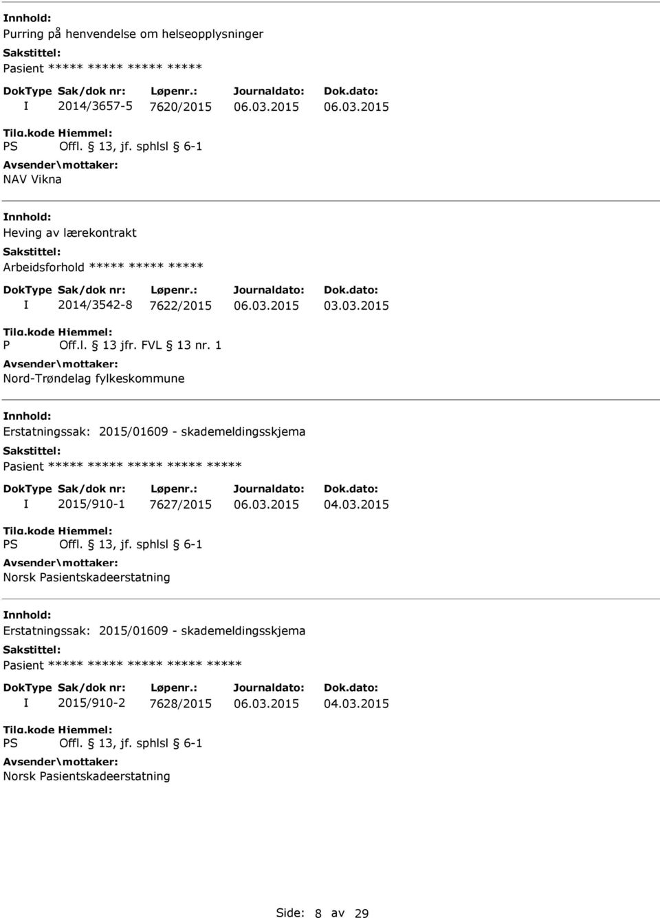 03.2015 Erstatningssak: 2015/01609 - skademeldingsskjema Pasient ***** ***** ***** ***** ***** 2015/910-1 7627/2015 Norsk