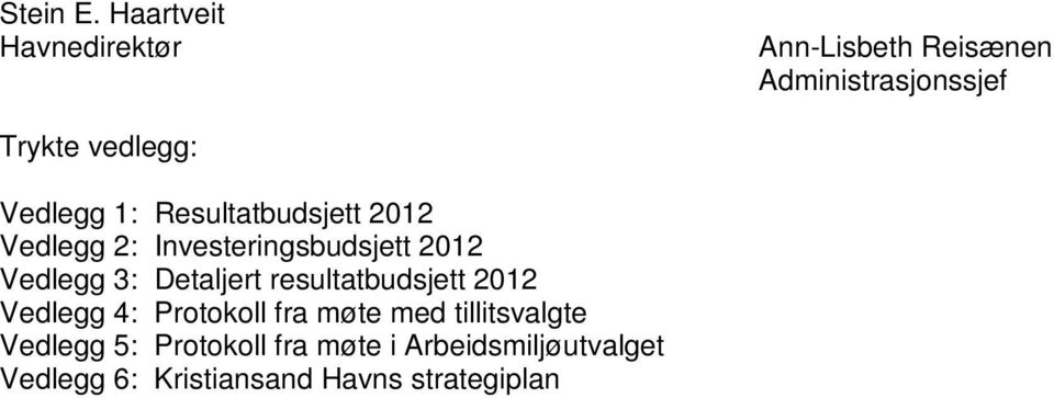 Vedlegg 1: Resultatbudsjett 2012 Vedlegg 2: Investeringsbudsjett 2012 Vedlegg 3: