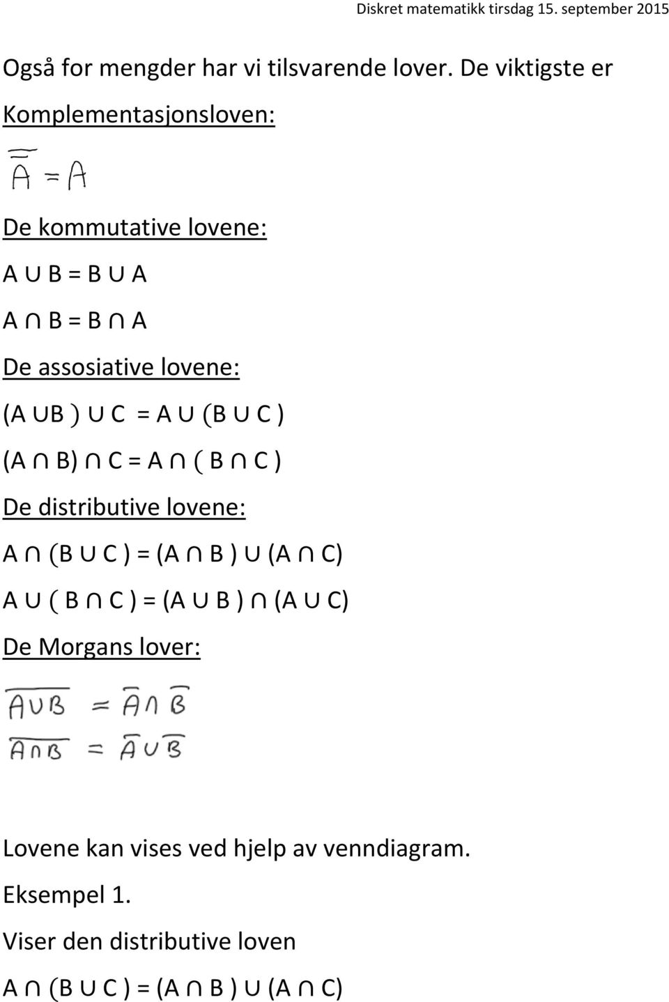 lovene: (A B ) C = A (B C ) (A B) C = A ( B C ) De distributive lovene: A (B C ) = (A B ) (A C)