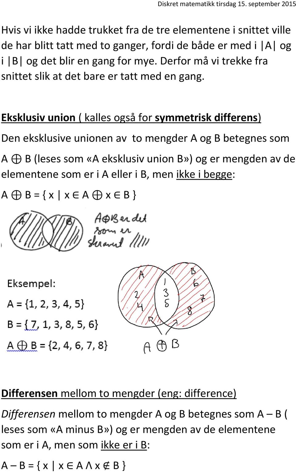 Eksklusiv union ( kalles også for symmetrisk differens) Den eksklusive unionen av to mengder A og B betegnes som A B (leses som «A eksklusiv union B») og er mengden av de