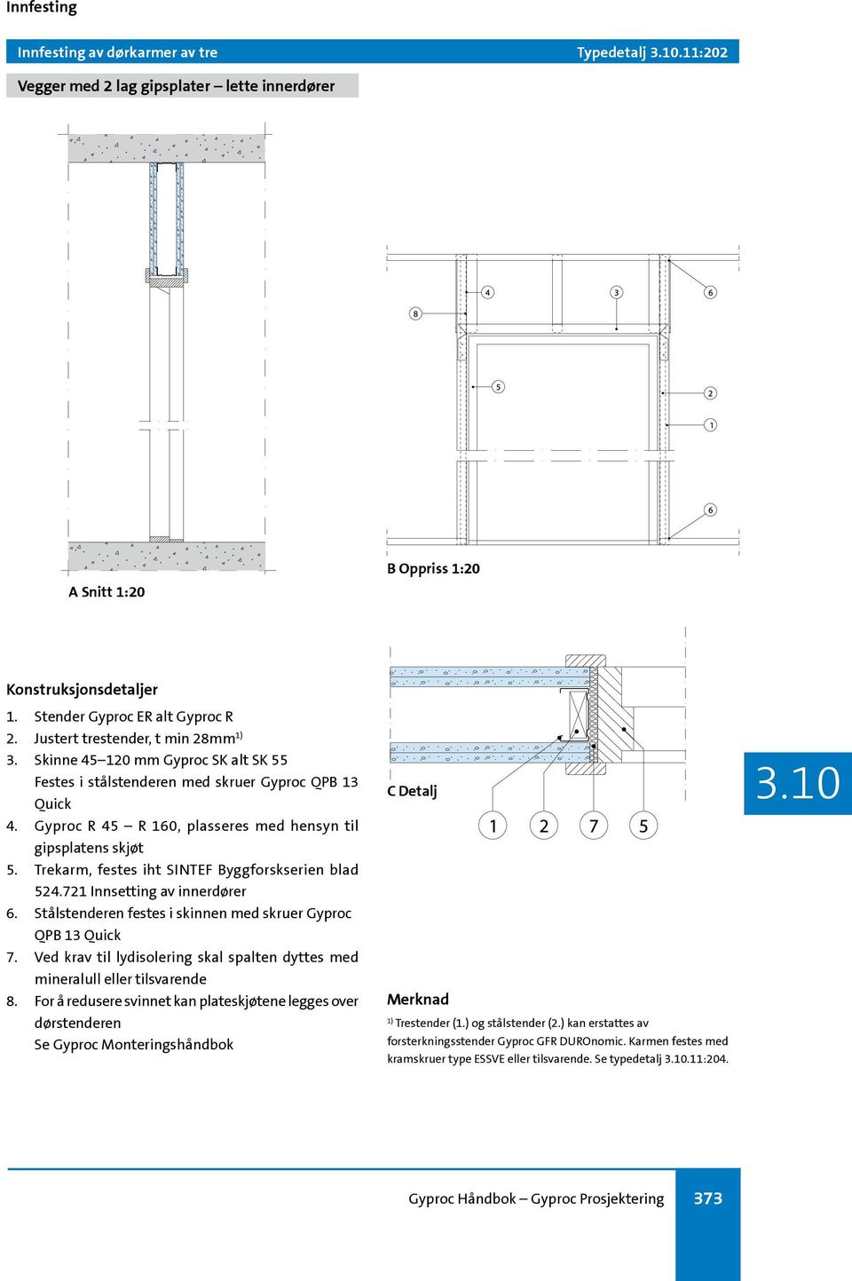 Trekarm, festes iht SINTEF Byggforskserien blad 524.721 Innsetting av innerdører 6. Stålstenderen festes i skinnen med skruer Gyproc QPB 13 Quick 7.
