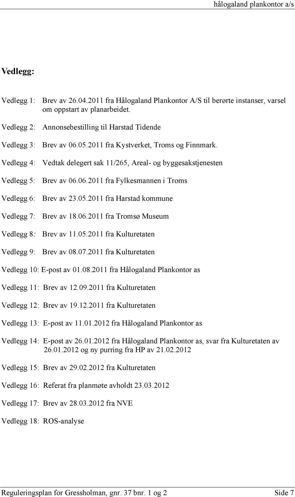 06.2011 fra Tromsø Museum Vedlegg 8: Brev av 11.05.2011 fra Kulturetaten Vedlegg 9: Brev av 08.07.2011 fra Kulturetaten Vedlegg 10: E-post av 01.08.2011 fra Hålogaland Plankontor as Vedlegg 11: Brev av 12.