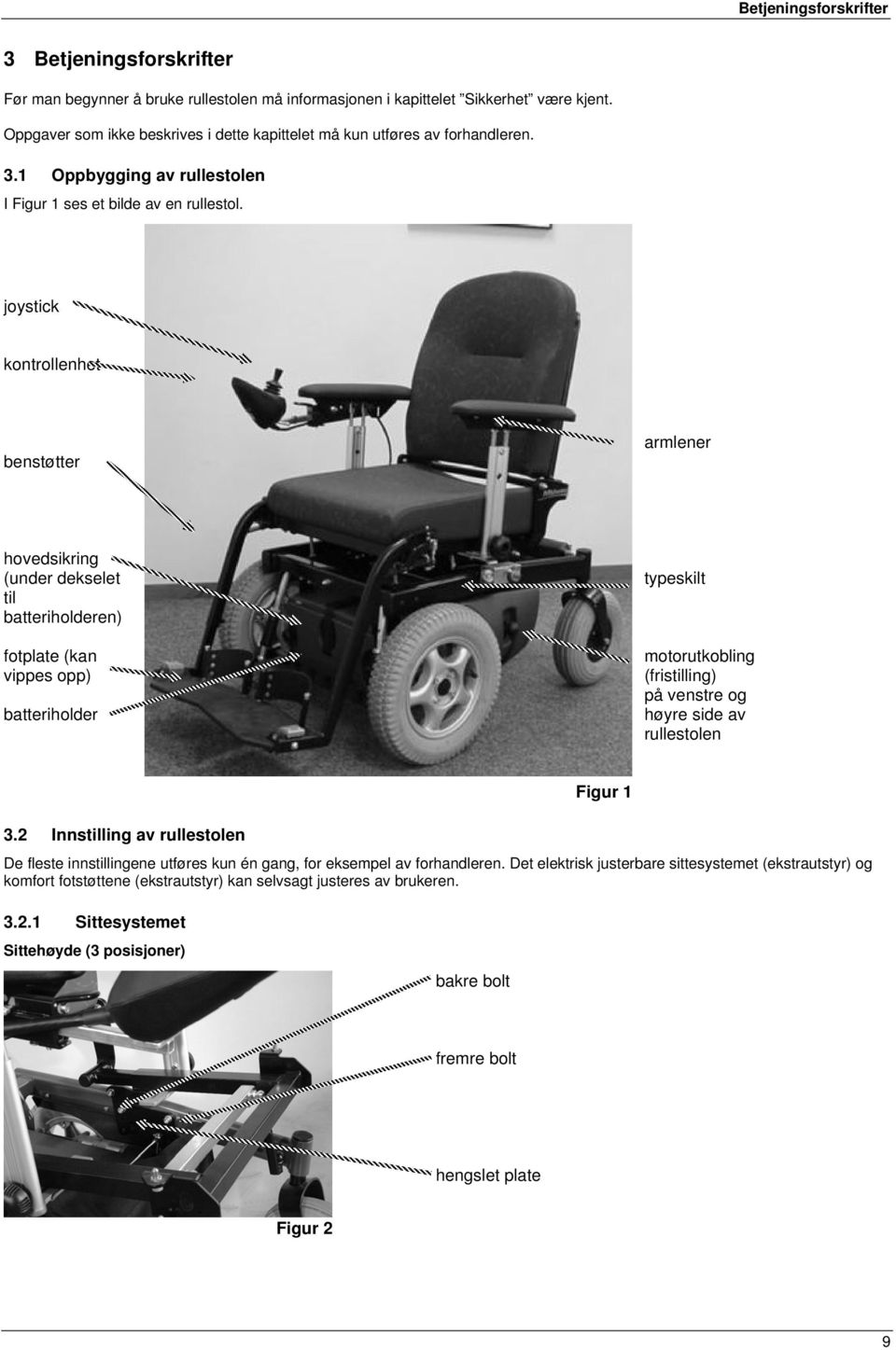 joystick kontrollenhet benstøtter armlener hovedsikring (under dekselet til batteriholderen) fotplate (kan vippes opp) batteriholder typeskilt motorutkobling (fristilling) på venstre og høyre side av