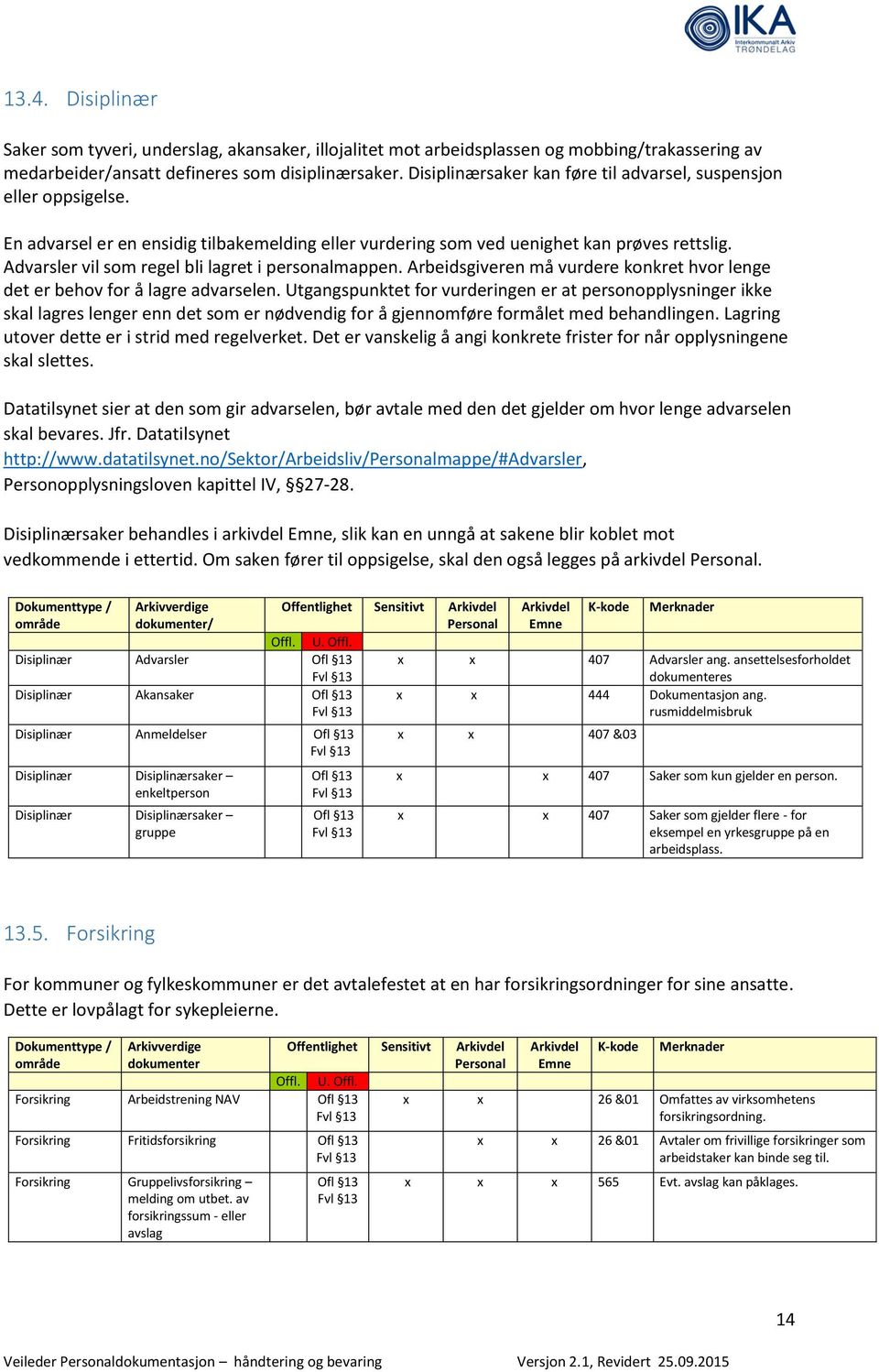 Advarsler vil som regel bli lagret i personalmappen. Arbeidsgiveren må vurdere konkret hvor lenge det er behov for å lagre advarselen.