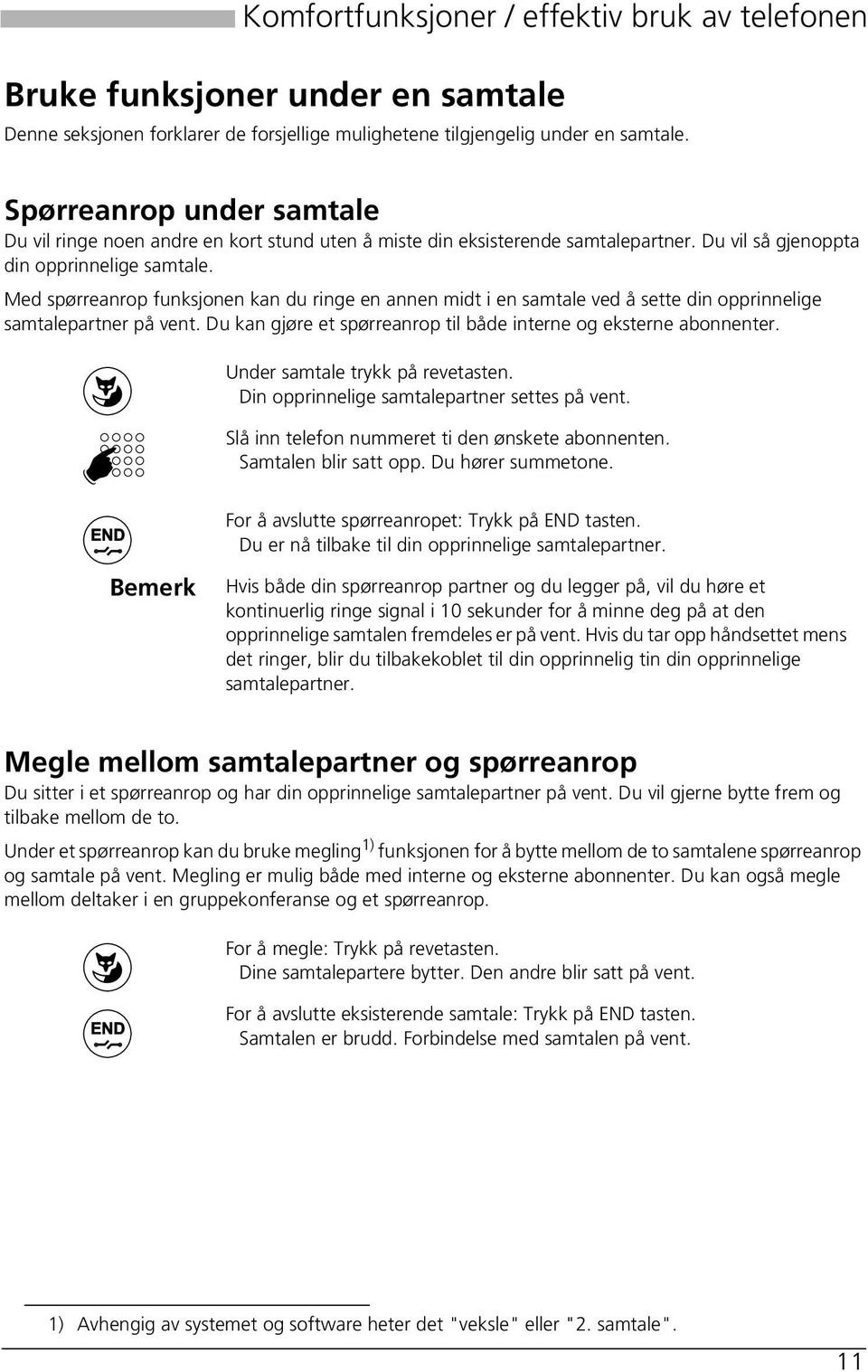 Med spørreanrop funksjonen kan du ringe en annen midt i en samtale ved å sette din opprinnelige samtalepartner på vent. Du kan gjøre et spørreanrop til både interne og eksterne abonnenter.