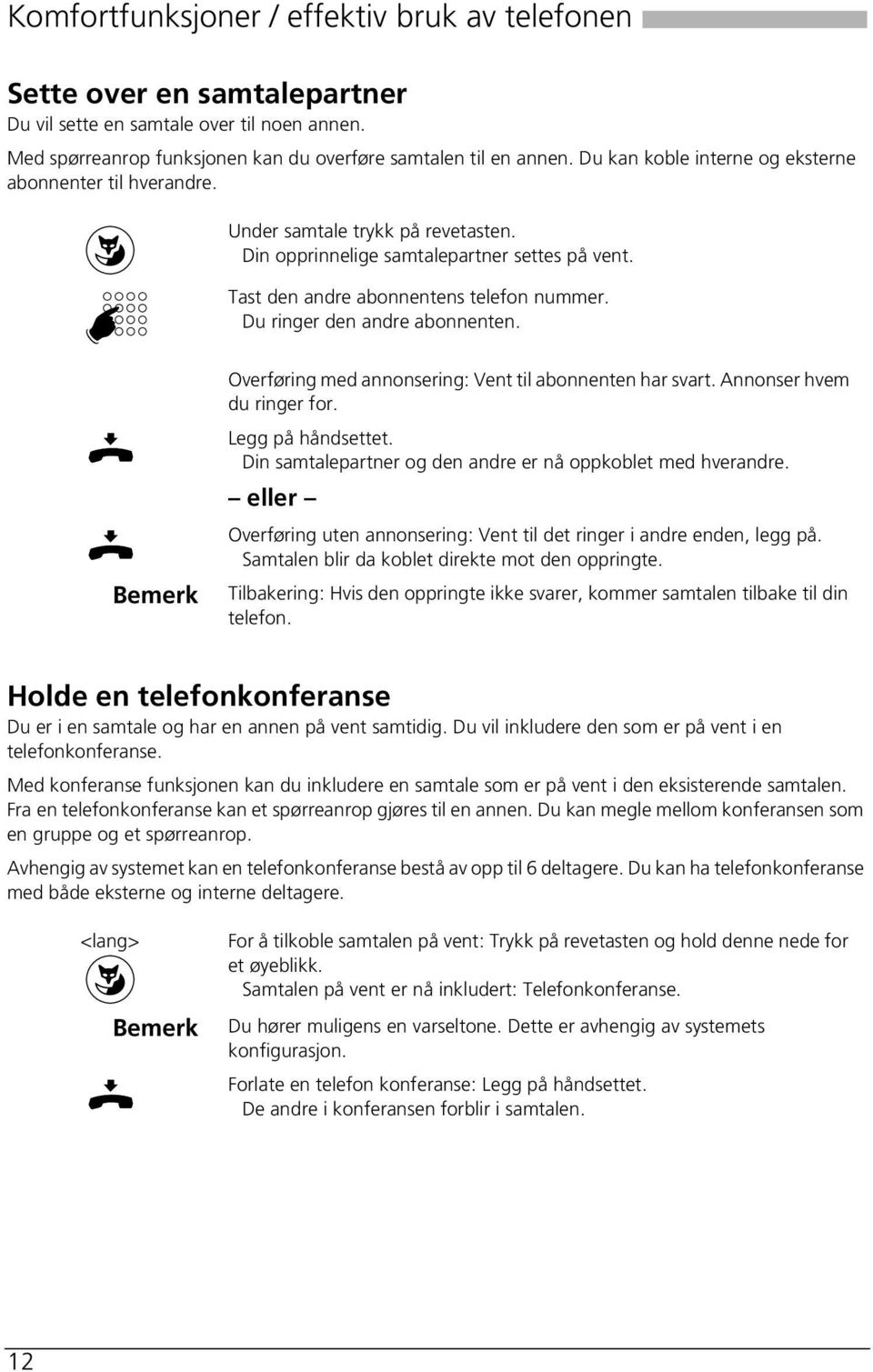 Du ringer den andre abonnenten. Overføring med annonsering: Vent til abonnenten har svart. Annonser hvem du ringer for. Legg på håndsettet.