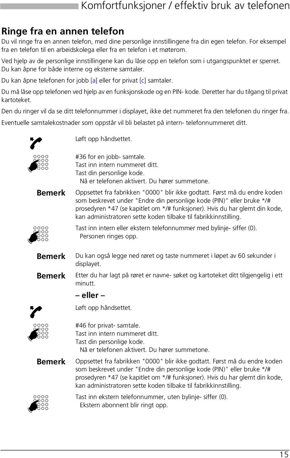 Du kan åpne for både interne og eksterne samtaler. Du kan åpne telefonen for jobb [a] eller for privat [c] samtaler. Du må låse opp telefonen ved hjelp av en funksjonskode og en PIN- kode.