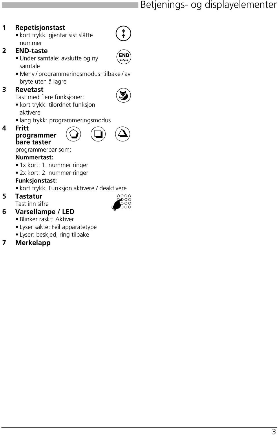 programmeringsmodus 4 Fritt programmer bare taster programmerbar som: Nummertast: 1x kort: 1. nummer ringer 2x kort: 2.