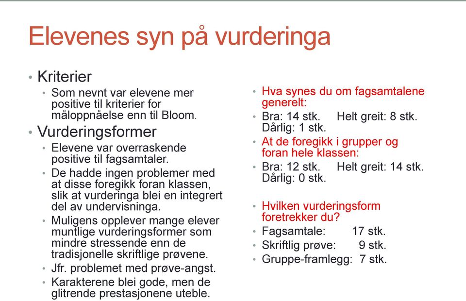 Muligens opplever mange elever muntlige vurderingsformer som mindre stressende enn de tradisjonelle skriftlige prøvene. Jfr. problemet med prøve-angst.