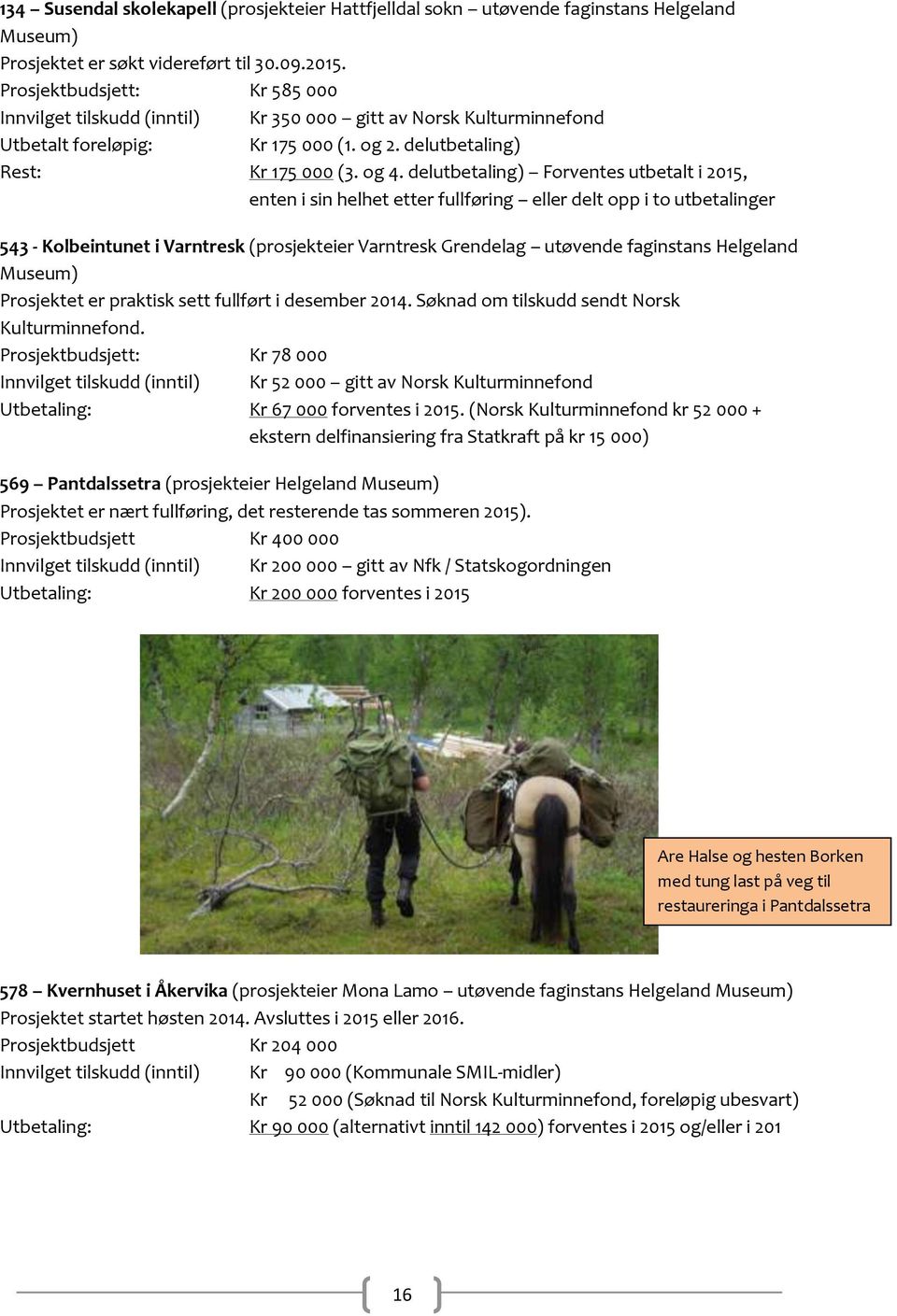 delutbetaling) Forventes utbetalt i 2015, enten i sin helhet etter fullføring eller delt opp i to utbetalinger 543 - Kolbeintunet i Varntresk (prosjekteier Varntresk Grendelag utøvende faginstans