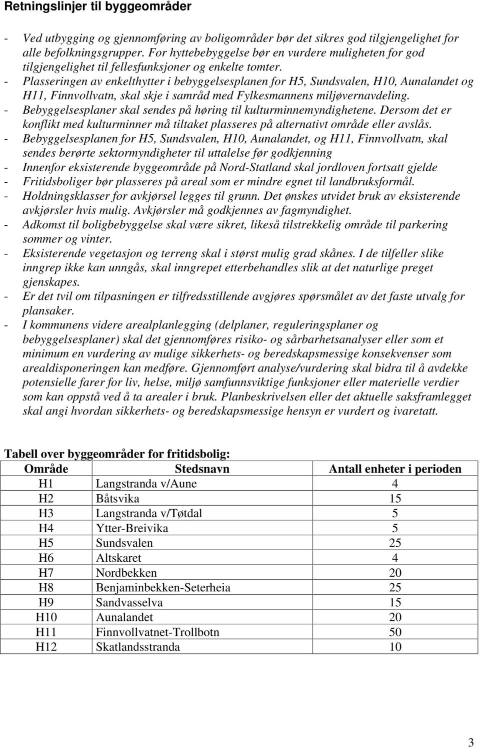 - Plasseringen av enkelthytter i bebyggelsesplanen for H5, Sundsvalen, H10, Aunalandet og H11, Finnvollvatn, skal skje i samråd med Fylkesmannens miljøvernavdeling.