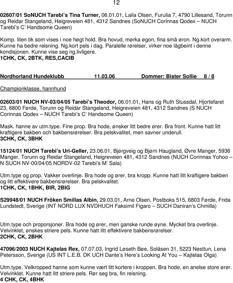 Kunne vise seg ng.livligere. 1CHK, CK, 2BTK, RES,CACIB Nordhorland Hundeklubb 11.03.06 Dommer: Bister Sollie 8 / 8 Championklasse, hannhund 02603/01 