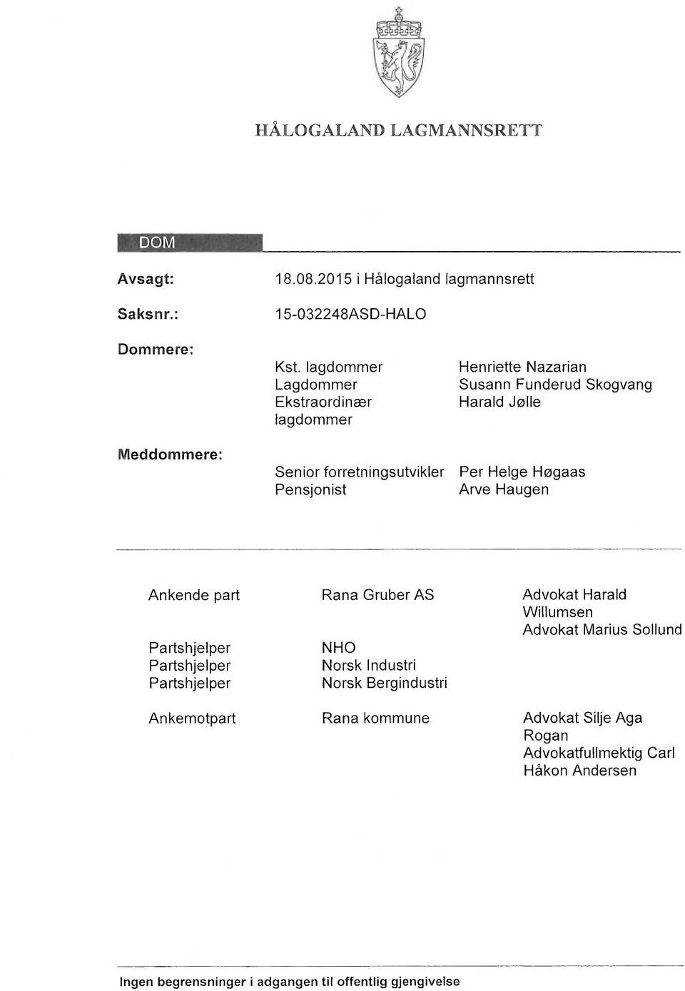 Helge Høgaas Pensjonist Arve Haugen Ankende part Partshjelper Partshjelper Partshjelper Ankemotpart Rana Gruber AS NHO Norsk Industri Norsk