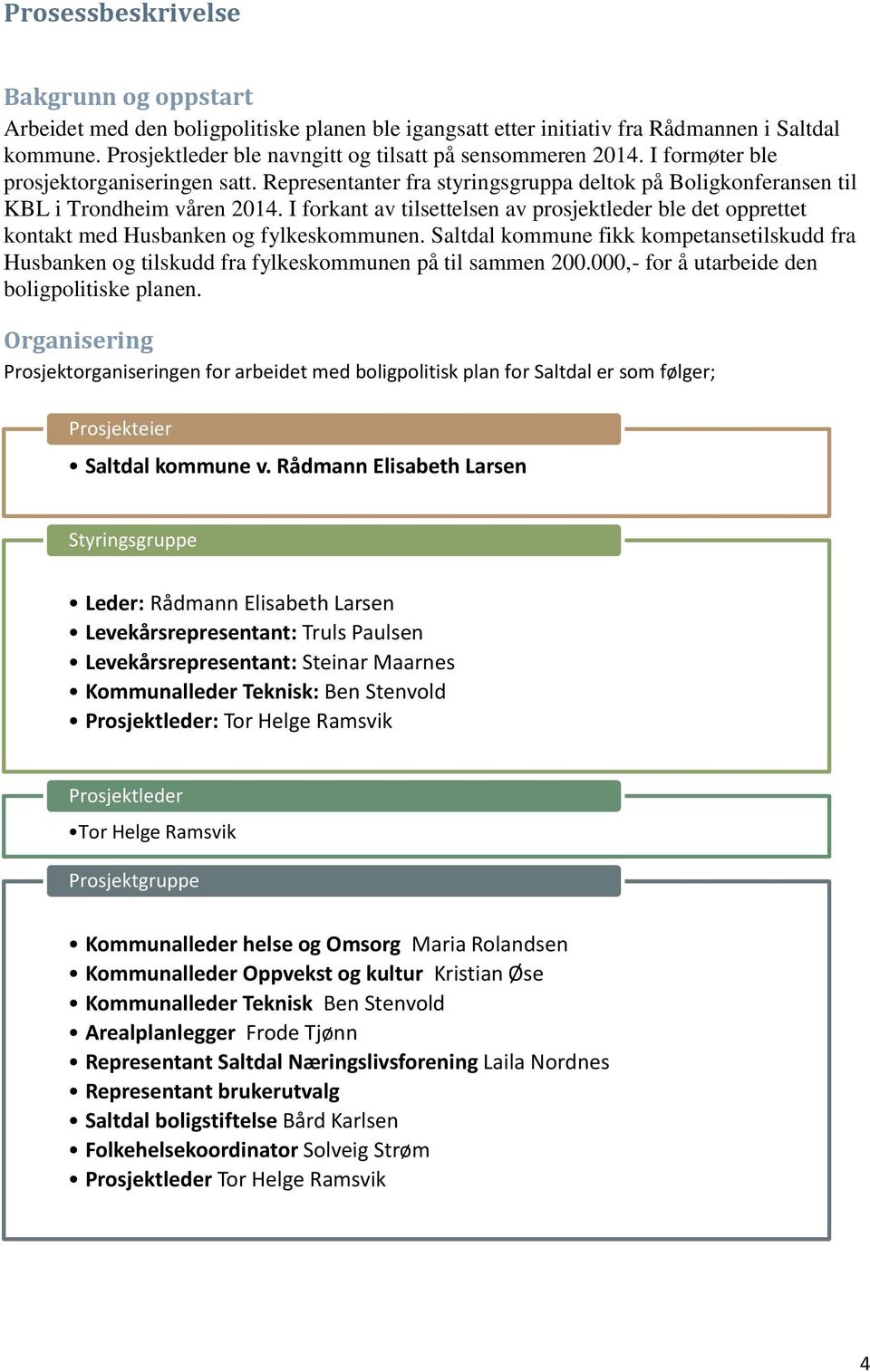 I forkant av tilsettelsen av prosjektleder ble det opprettet kontakt med Husbanken og fylkeskommunen.