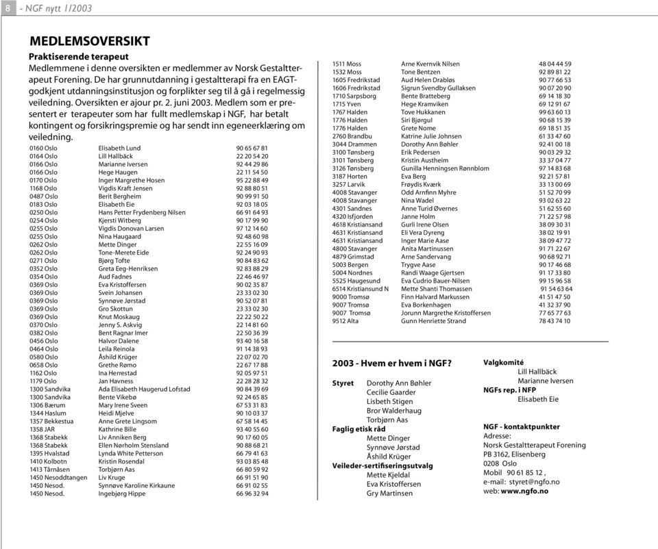 Medlem som er presentert er terapeuter som har fullt medlemskap i NGF, har betalt kontingent og forsikringspremie og har sendt inn egeneerklæring om veiledning.