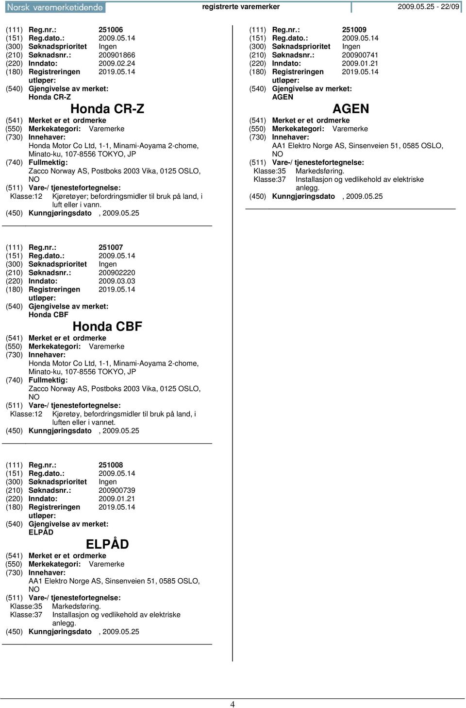 Kjøretøyer; befordringsmidler til bruk på land, i luft eller i vann. (450) Kunngjøringsdato, 2009.05.25 (111) Reg.nr.: 251009 (151) Reg.dato.: 2009.05.14 (300) Søknadsprioritet Ingen (210) Søknadsnr.