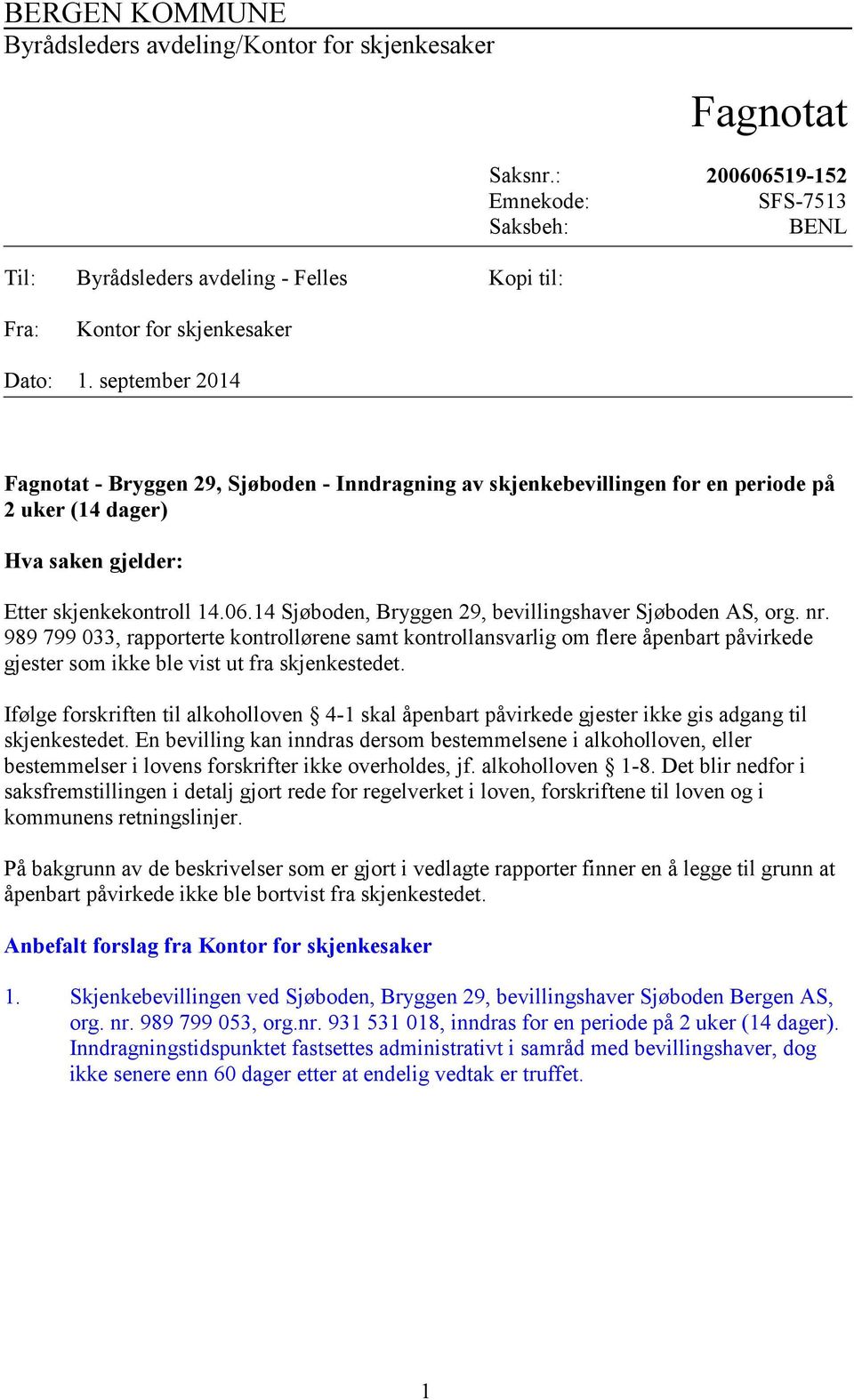september 2014 Fagnotat - Bryggen 29, Sjøboden - Inndragning av skjenkebevillingen for en periode på 2 uker (14 dager) Hva saken gjelder: Etter skjenkekontroll 14.06.