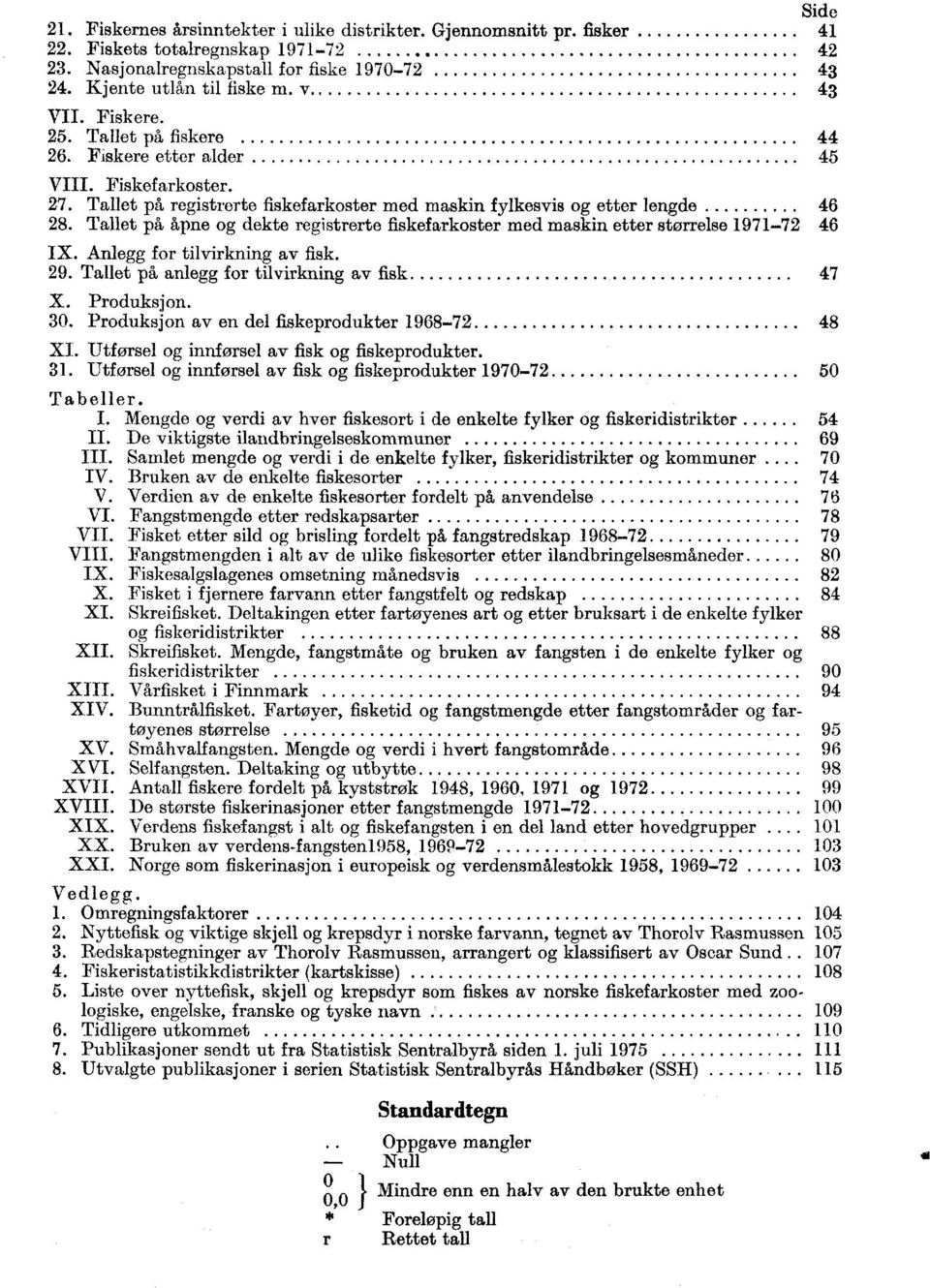 Tallet på registrerte fiskefarkoster med maskin fylkesvis og etter lengde 46 28. Tallet på åpne og dekte registrerte fiskefarkoster med maskin etter størrelse 1971-72 46 IX.