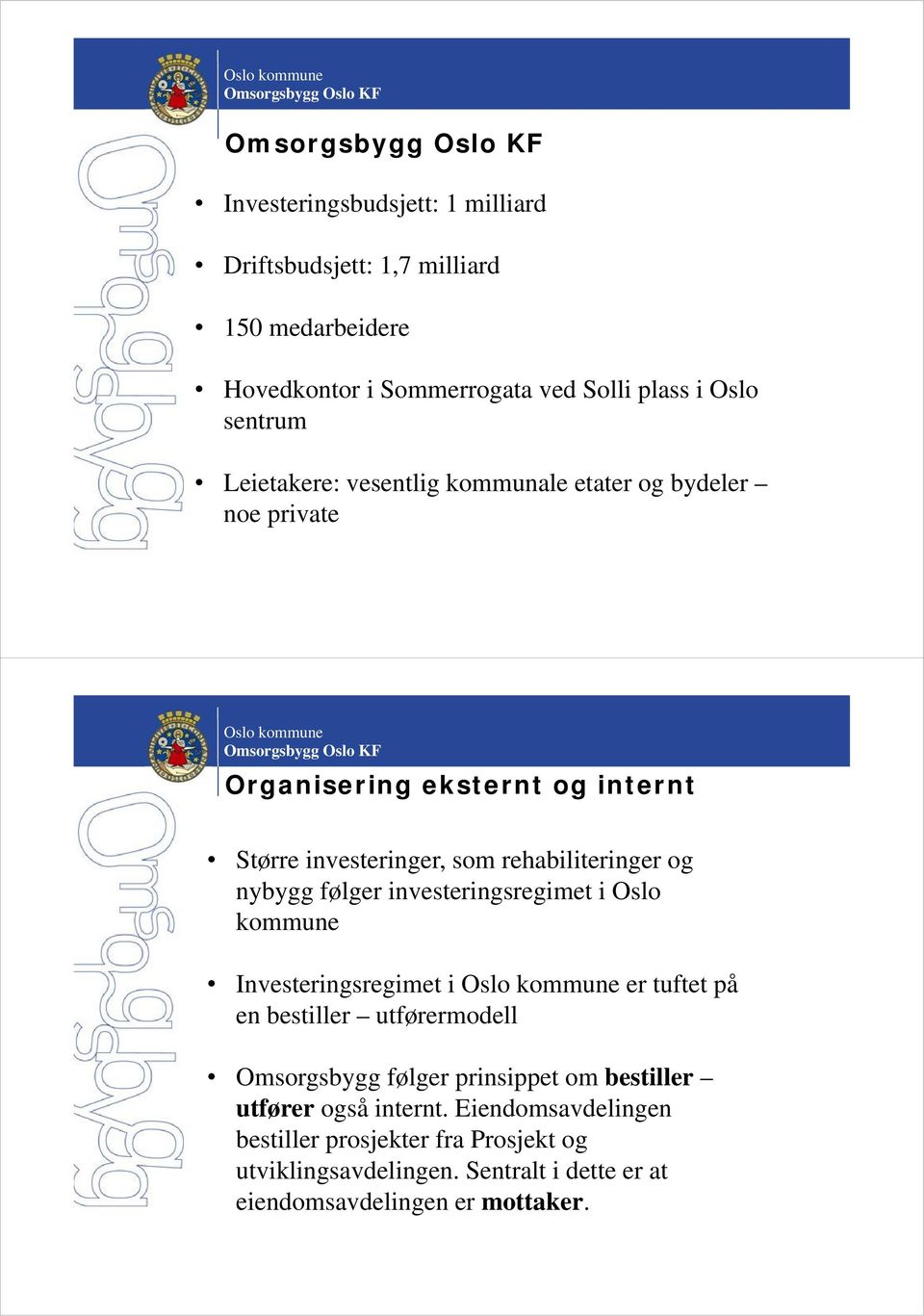 nybygg følger investeringsregimet i Oslo kommune Investeringsregimet i er tuftet på en bestiller utførermodell Omsorgsbygg følger prinsippet om