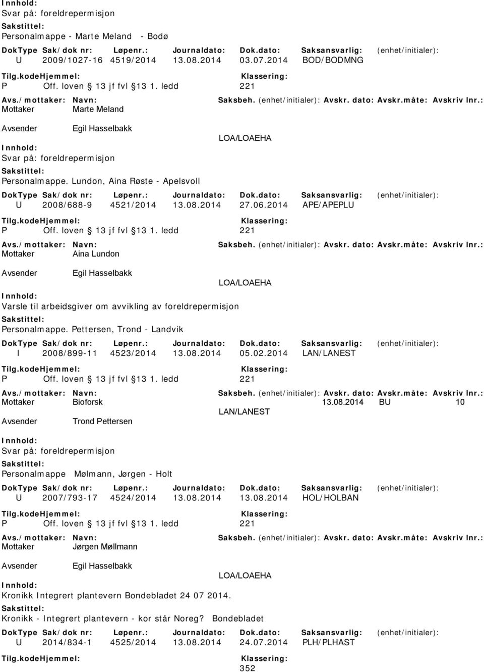 2014 APE/APEPLU Mottaker Aina Lundon Egil Hasselbakk LOA/LOAEHA Varsle til arbeidsgiver om avvikling av foreldrepermisjon Personalmappe. Pettersen, Trond - Landvik I 2008/899-11 4523/2014 13.08.2014 05.