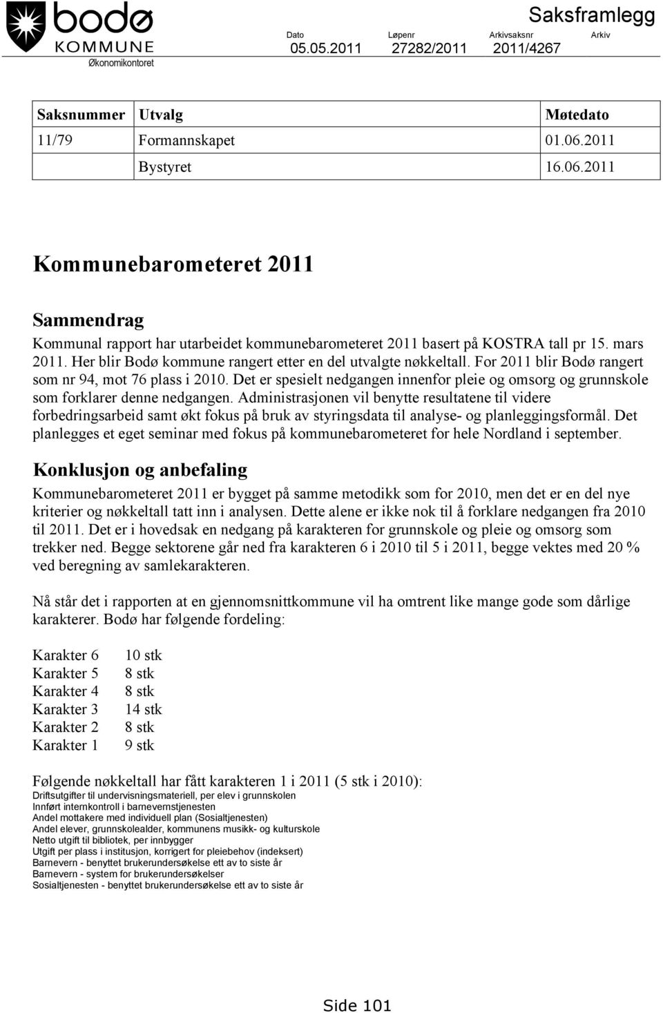 For blir Bodø rangert som nr 94, mot 76 plass i 2010. Det er spesielt nedgangen innenfor pleie og omsorg og grunnskole som forklarer denne nedgangen.