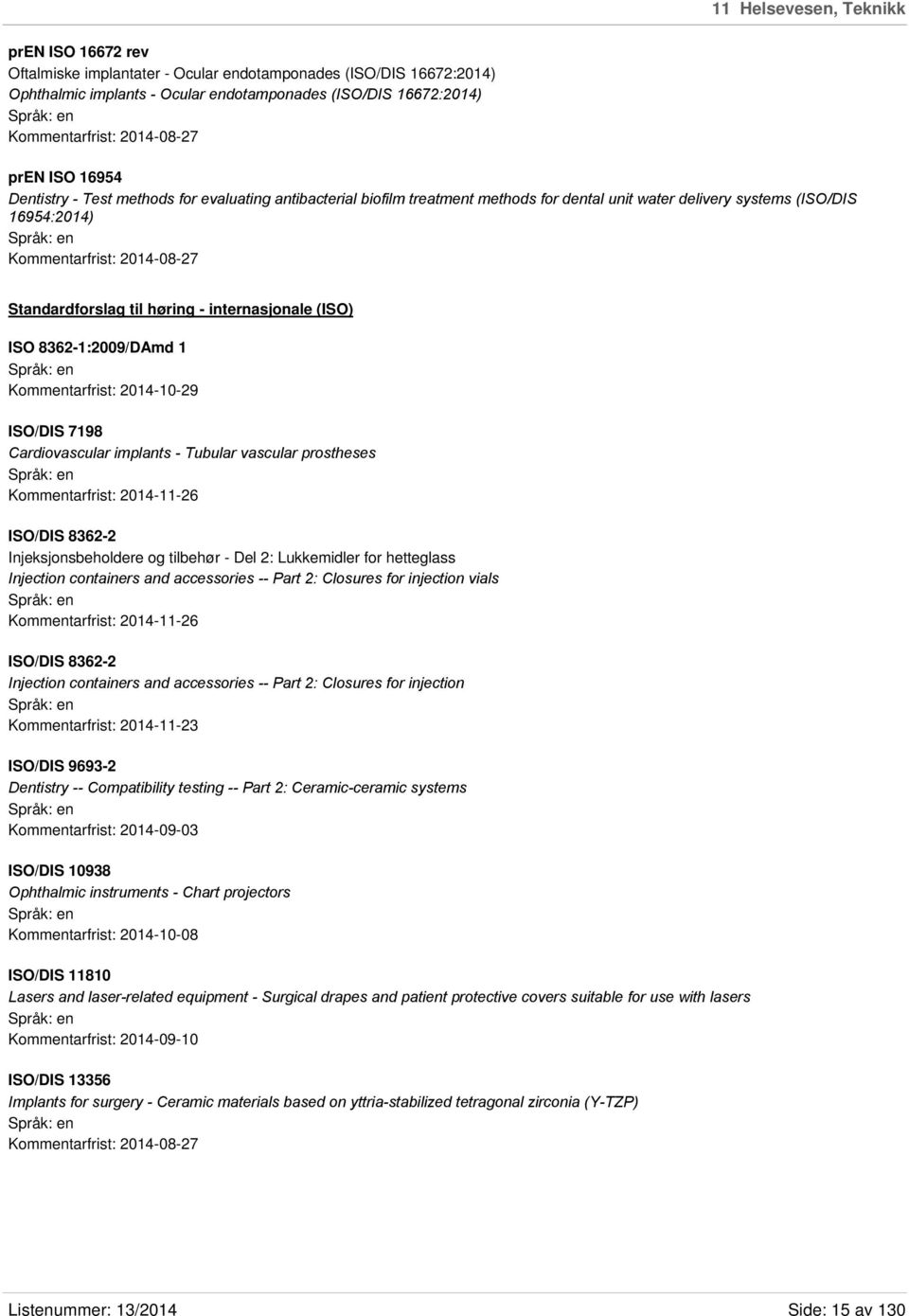 Standardforslag til høring - internasjonale (ISO) ISO 8362-1:2009/DAmd 1 Kommentarfrist: 2014-10-29 ISO/DIS 7198 Cardiovascular implants - Tubular vascular prostheses Kommentarfrist: 2014-11-26