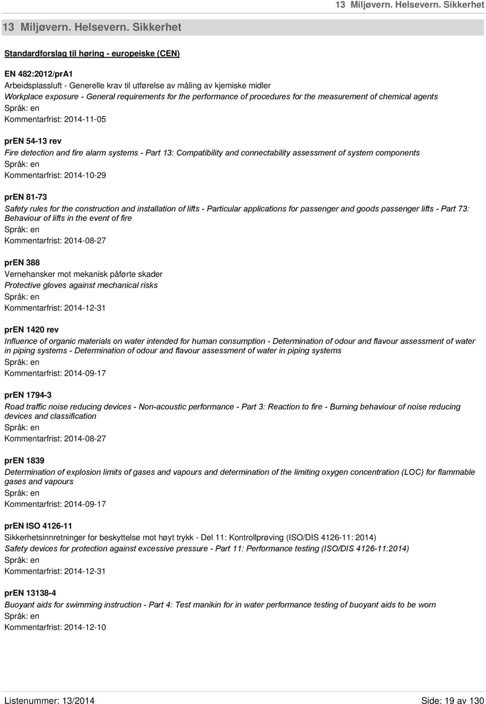 requirements for the performance of procedures for the measurement of chemical agents Kommentarfrist: 2014-11-05 pren 54-13 rev Fire detection and fire alarm systems - Part 13: Compatibility and