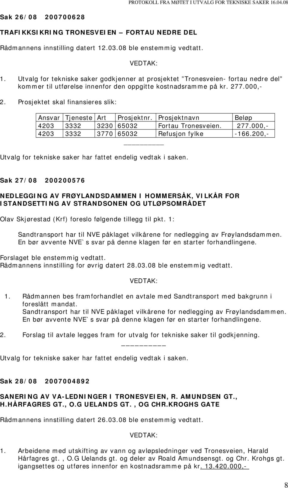 Prosjektet skal finansieres slik: Ansvar Tjeneste Art Prosjektnr. Prosjektnavn Beløp 4203 3332 3230 65032 Fortau Tronesveien. 277.000,- 4203 3332 3770 65032 Refusjon fylke -166.