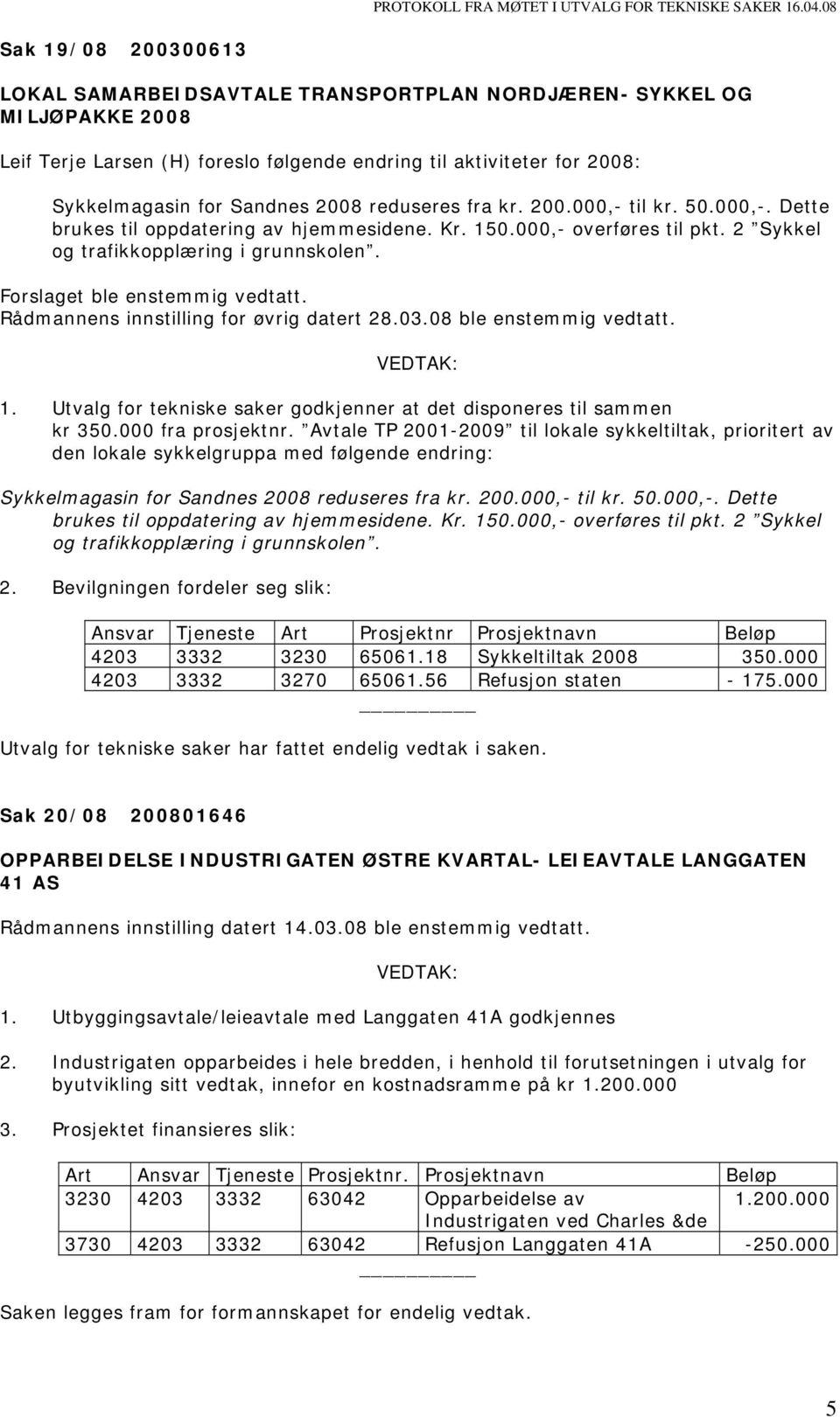 Forslaget ble enstemmig vedtatt. Rådmannens innstilling for øvrig datert 28.03.08 ble enstemmig vedtatt. 1. Utvalg for tekniske saker godkjenner at det disponeres til sammen kr 350.000 fra prosjektnr.