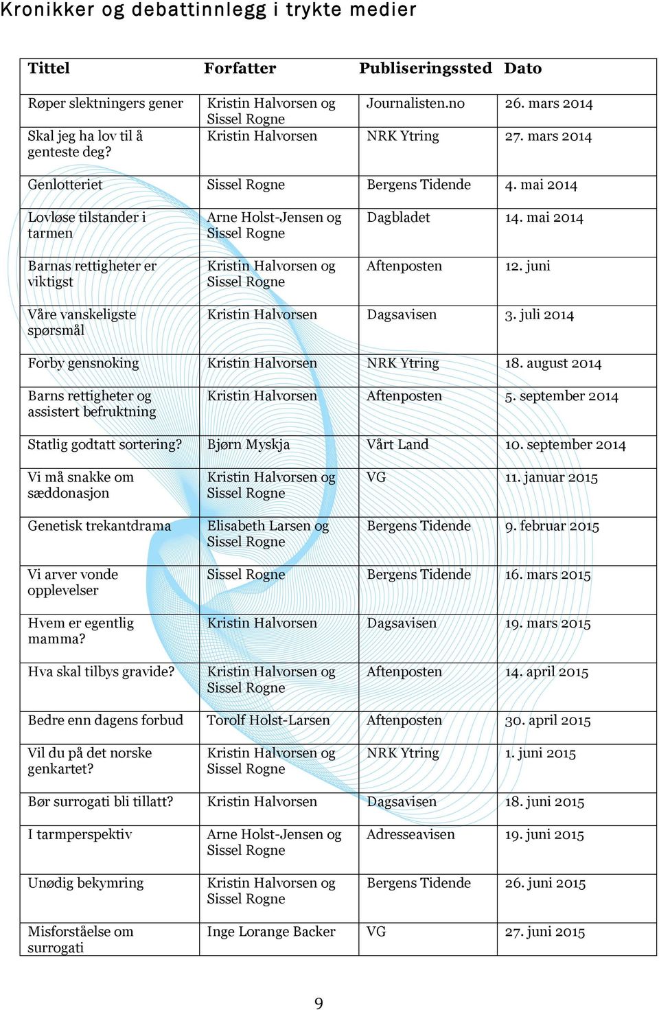 juli 2014 Forby gensnoking NRK Ytring 18. august 2014 Barns rettigheter og assistert befruktning Aftenposten 5. september 2014 Statlig godtatt sortering? Bjørn Myskja Vårt Land 10.