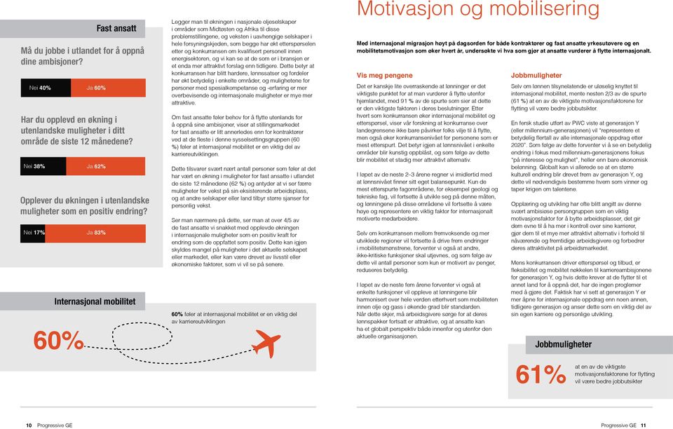 Nei 17% Ja 83% Fast ansatt Internasjonal mobilitet 60% Legger man til økningen i nasjonale oljeselskaper i områder som Midtøsten og Afrika til disse problemstillingene, og veksten i uavhengige