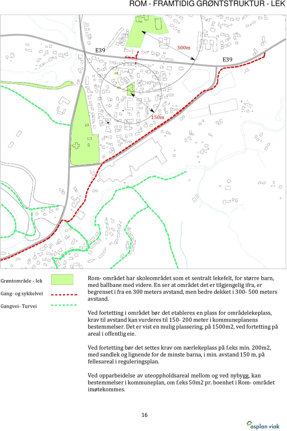 Ved fortetting i området bør det etableres en plass for områdelekeplass, krav til avstand kan vurderes til 150-200 meter i kommuneplanens bestemmelser.