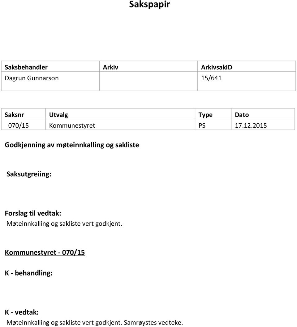 2015 Godkjenning av møteinnkalling og sakliste Saksutgreiing: Forslag til vedtak: