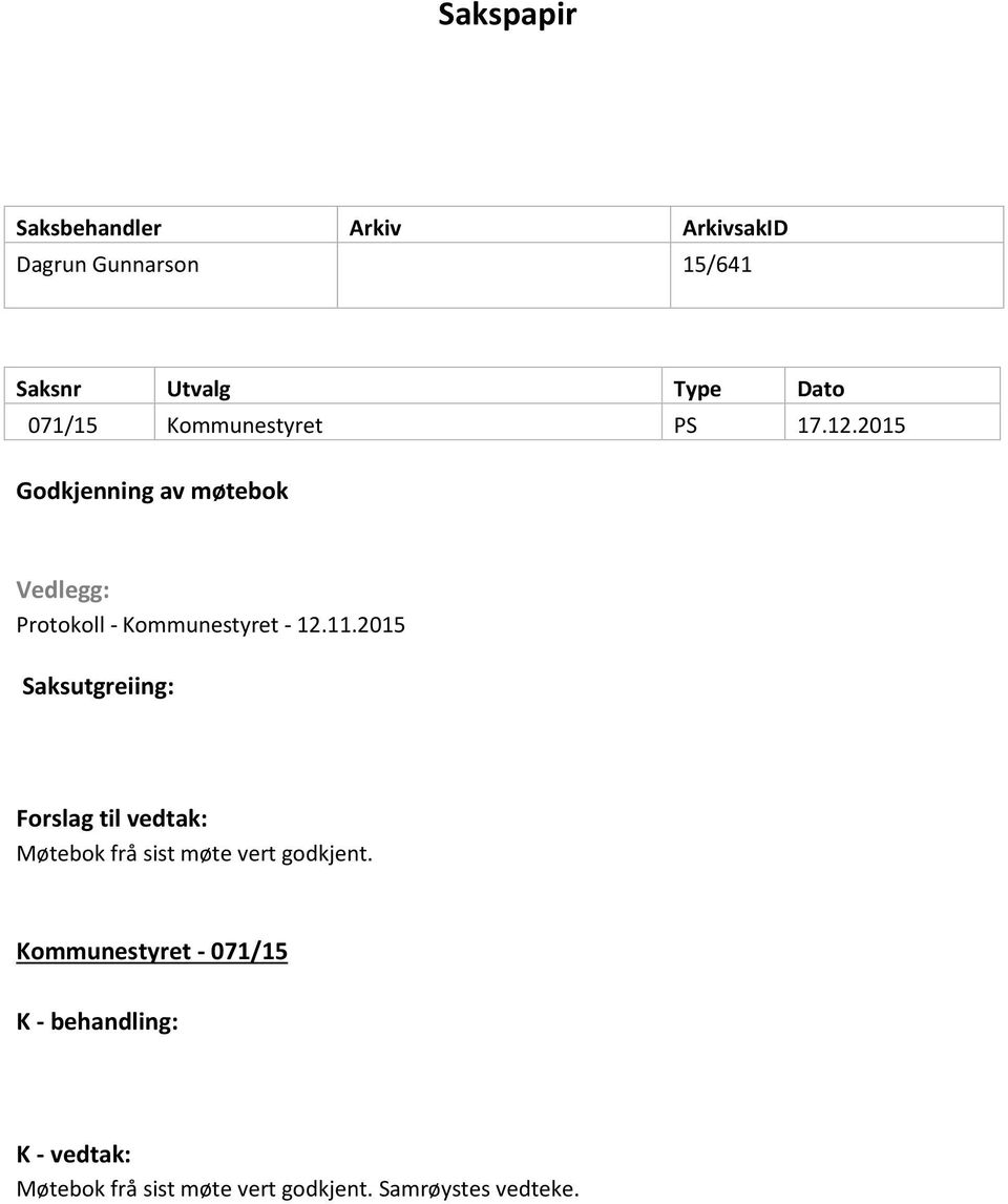 2015 Godkjenning av møtebok Vedlegg: Protokoll - Kommunestyret - 12.11.