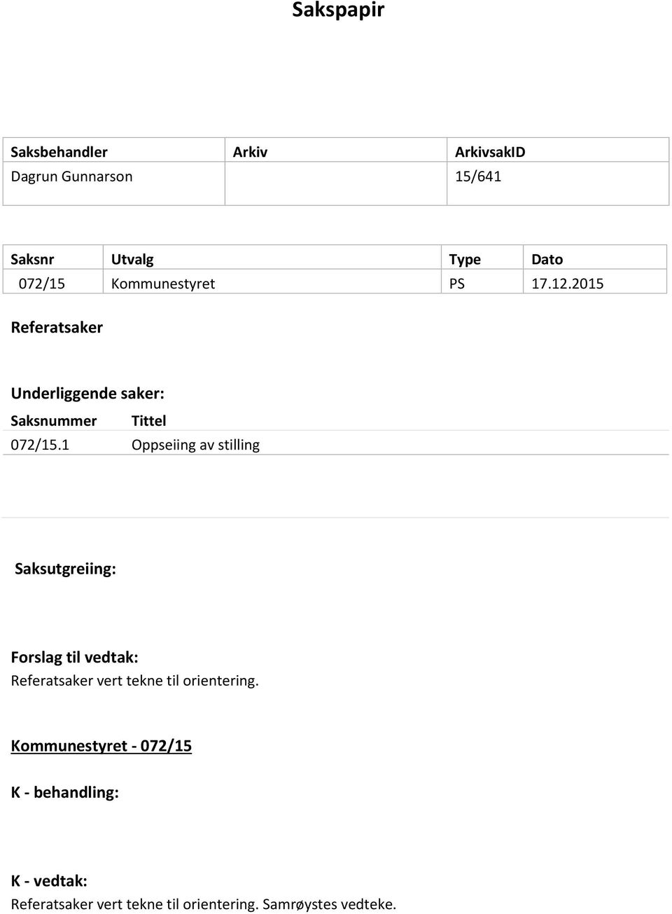 1 Oppseiing av stilling Saksutgreiing: Forslag til vedtak: Referatsaker vert tekne til orientering.