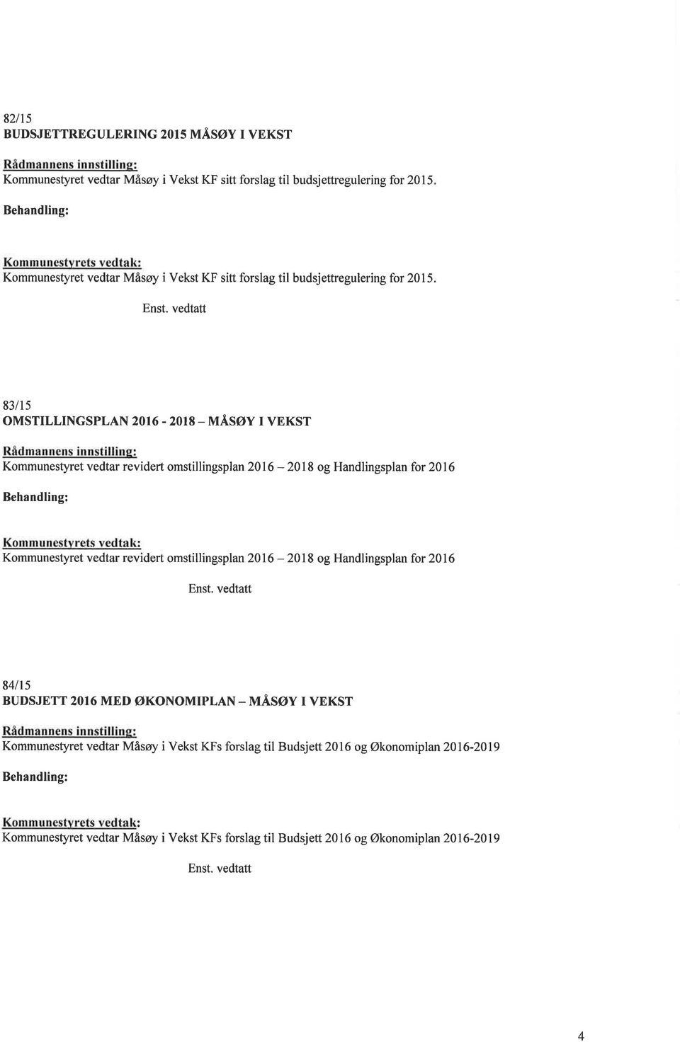 2016-2018 og Handlingsplan for 2016 Kommunestyret vedtar revidert omstillingsplan 2016-2018 og Handlingsplan for 2016 84lts BUDSJETT 2016 MED ØKONOMIPLAN_ MÅSØY I VEKST Rådmannens innstillins: