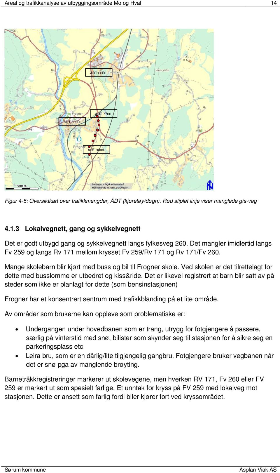 Det mangler imidlertid langs Fv 259 og langs Rv 171 mellom krysset Fv 259/Rv 171 og Rv 171/Fv 260. Mange skolebarn blir kjørt med buss og bil til Frogner skole.